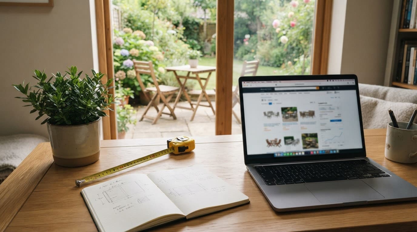 Laptop and measuring tape on a desk with patio furniture visible through the window.