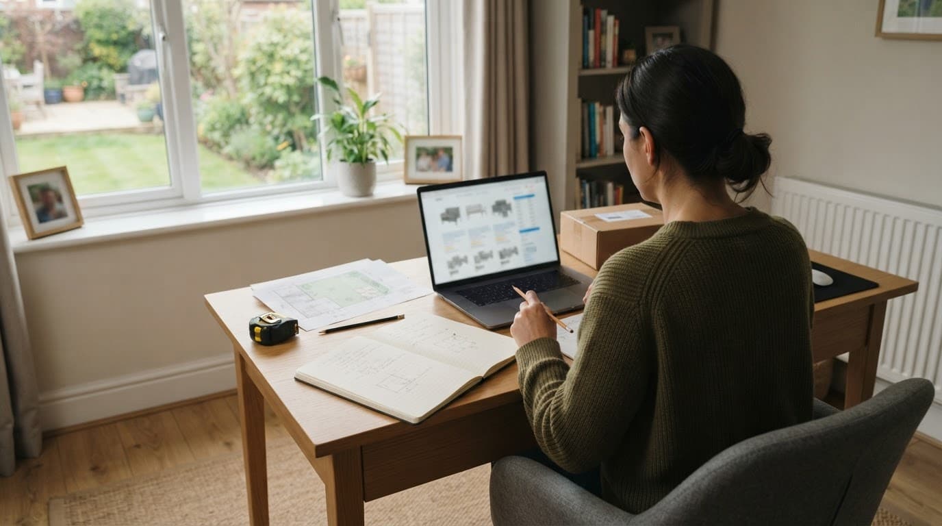 Garden Furniture Sets Sale: How to Find Lasting Value 3 Person compares garden furniture on a laptop beside measuring tools and a patio plan.