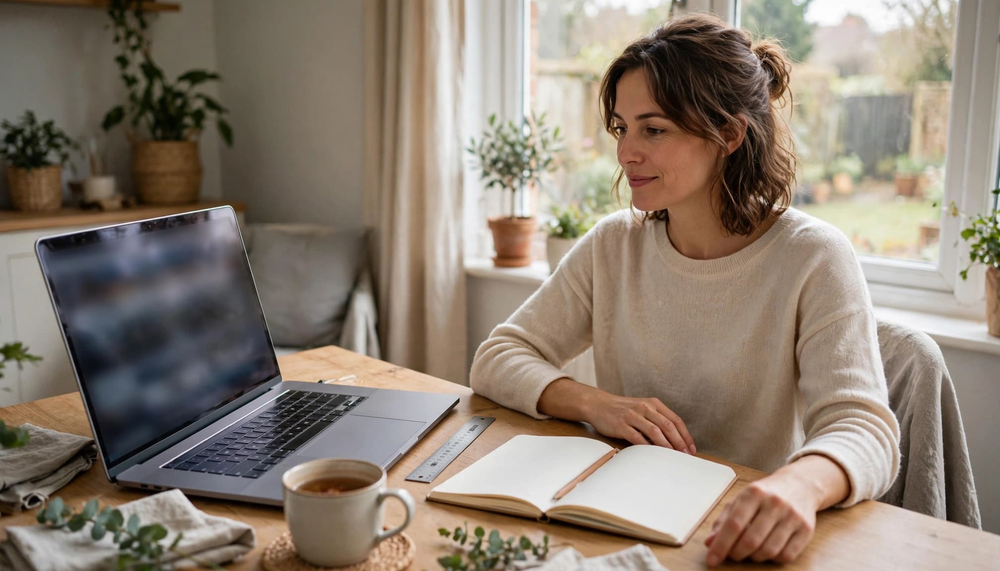 Person comparing garden furniture on a laptop with a ruler and notebook nearby.