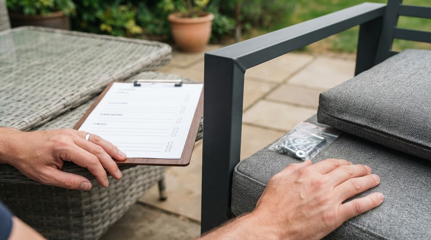 Garden Furniture Sets Sale: How to Find Lasting Value 2 Two hands beside a clipboard and garden furniture parts on a bright patio table.