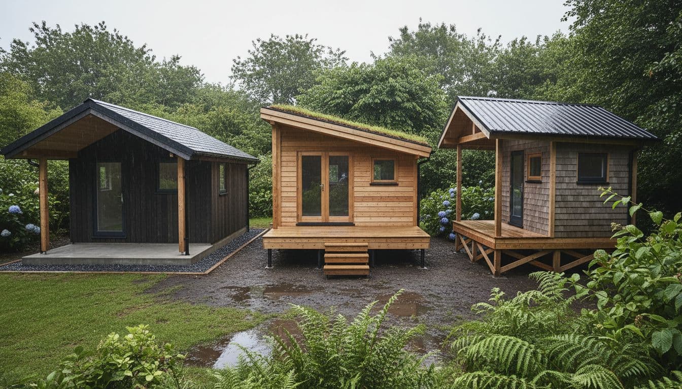 Three insulated garden offices side by side in a lush green UK garden after rain, showcasing different foundations: concrete slab with gravel, ground screws with decking steps, and timber raised base. Timber-clad with pitched roofs, glistening wet surfaces under overcast sky.