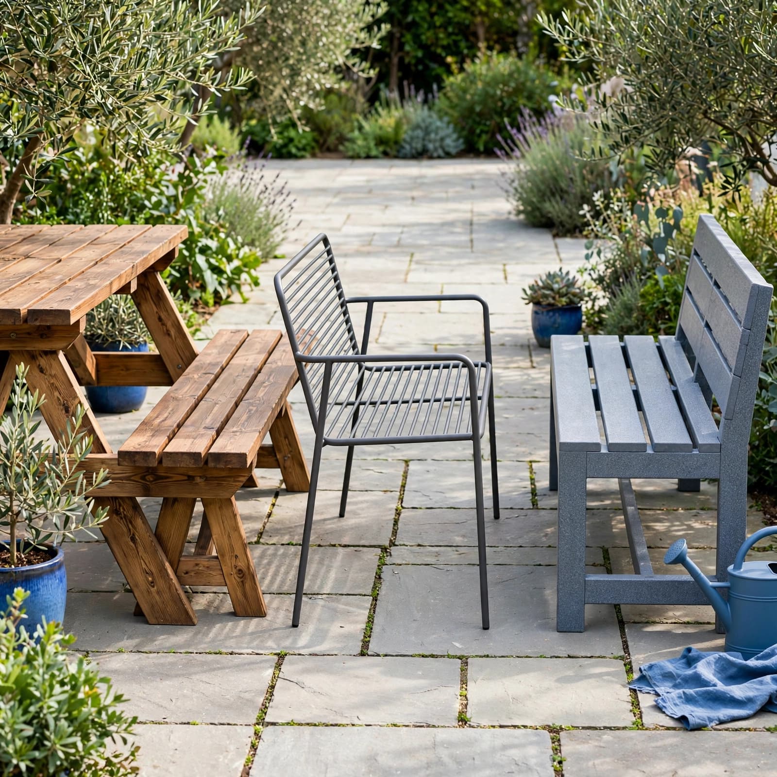 Three different outdoor benches stand side by side on a paved garden patio.