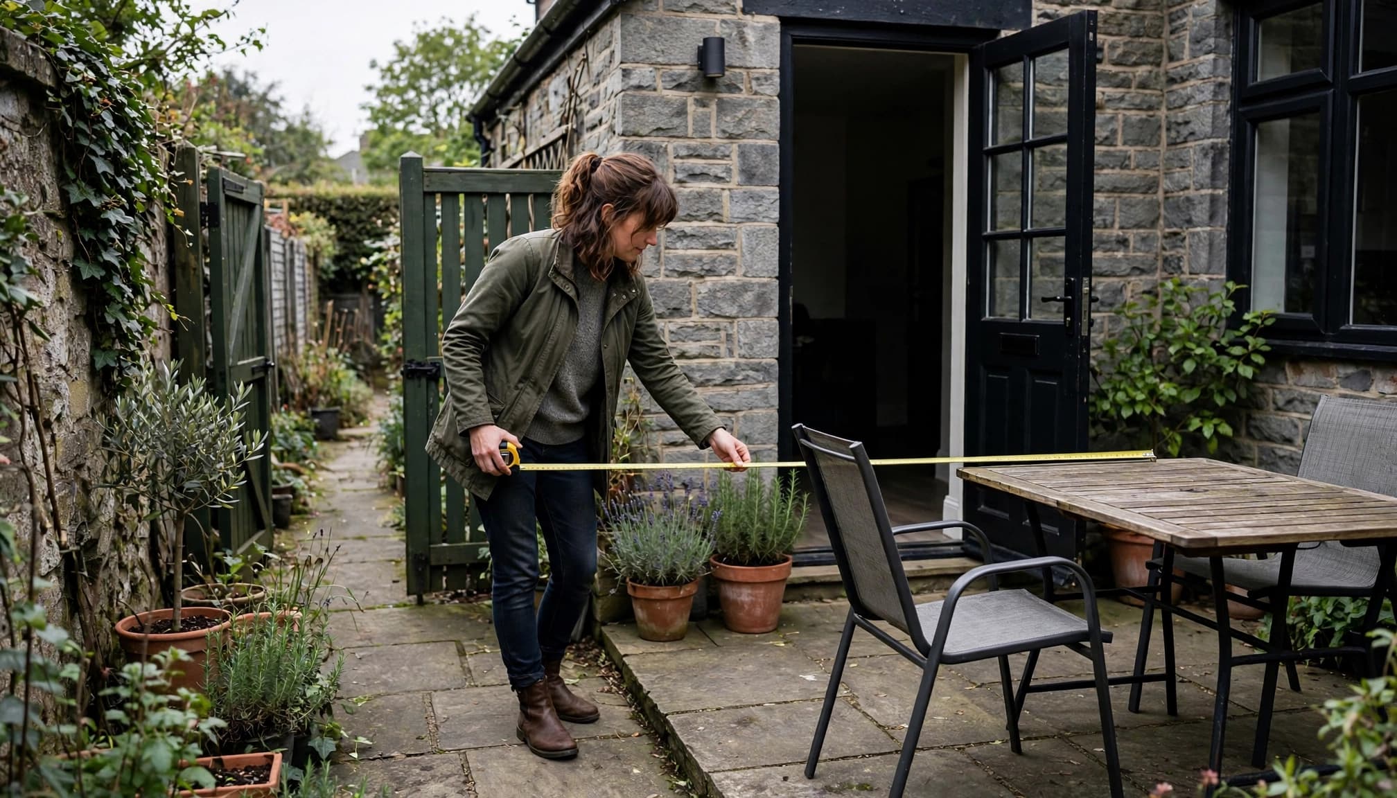 Person measuring a paved patio beside a garden table and side gate.