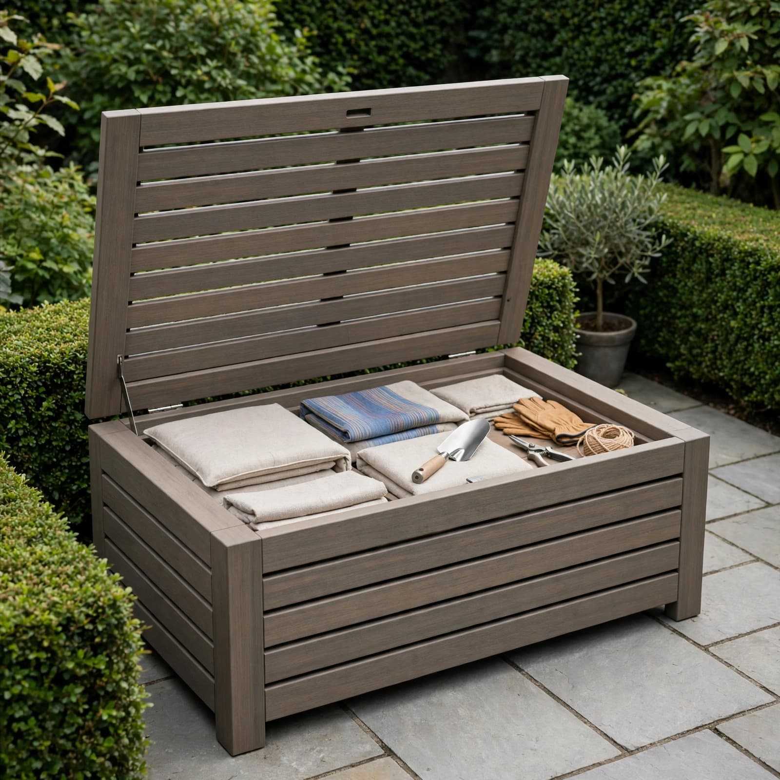 Outdoor Storage Bench: A Practical UK Buying Guide 1 An open garden bench holds folded cushions and gardening items on a paved patio.