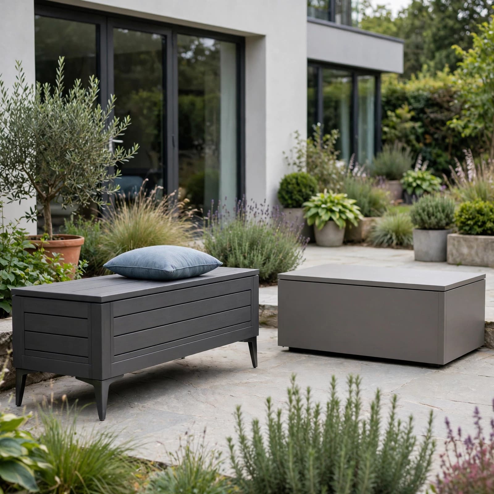 Outdoor Storage Bench: A Practical UK Buying Guide 3 A garden storage bench and low deck box sit on a patio beside mature plants.