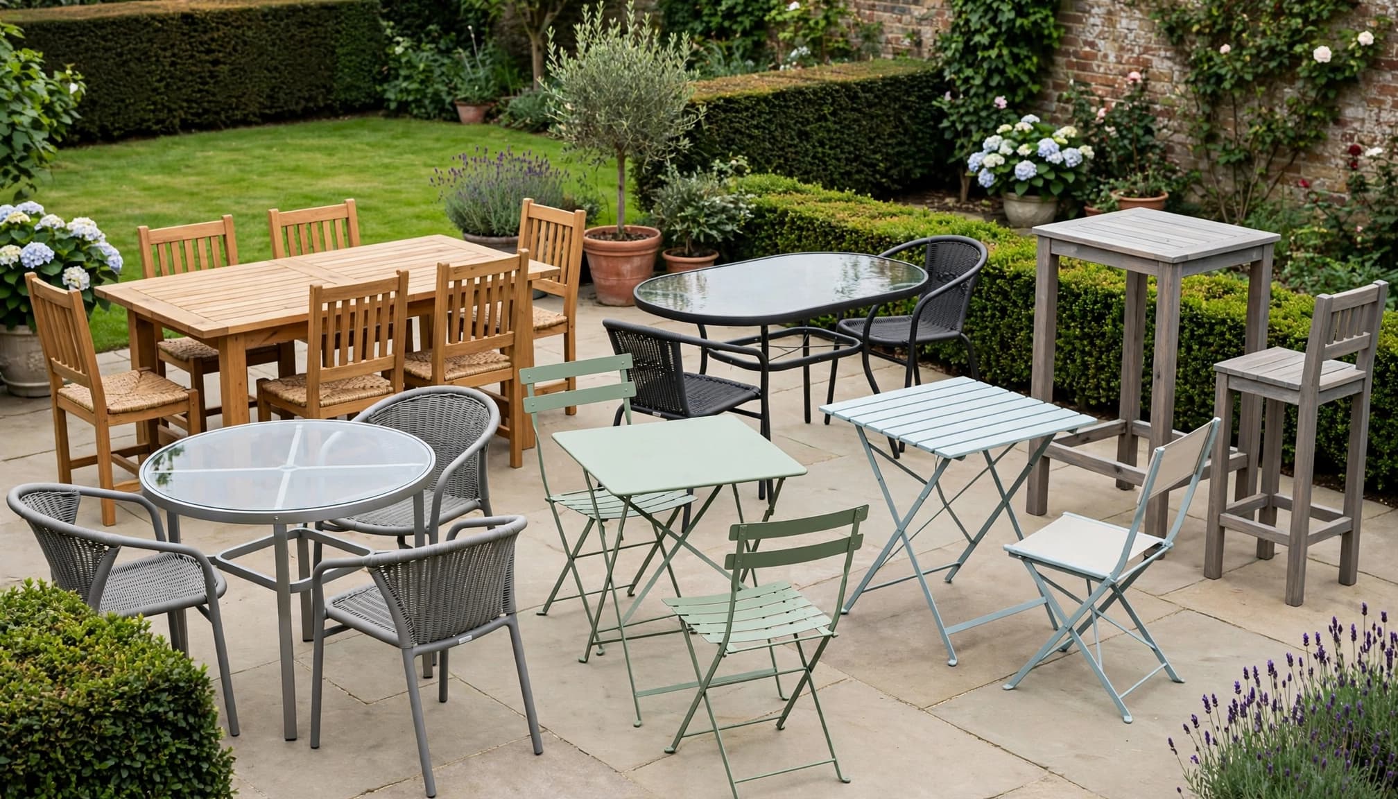 Six garden tables in different shapes and heights arranged on a sunny patio and lawn.