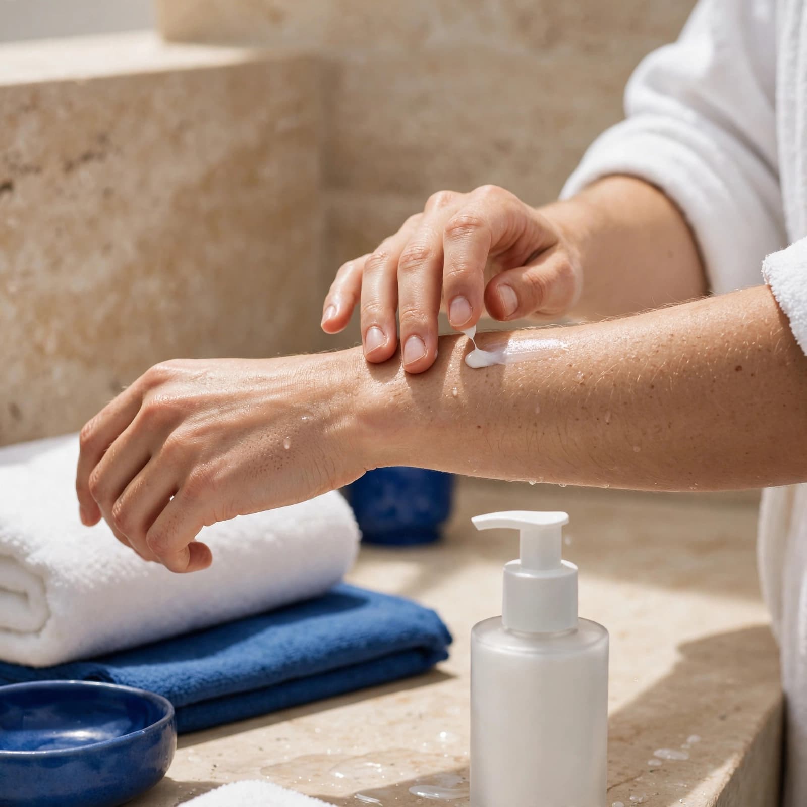 Best Creams for Eczema: A UK Buyer's Guide 3 Adult applying cream to a forearm beside a pump bottle in a blue-accented bathroom.