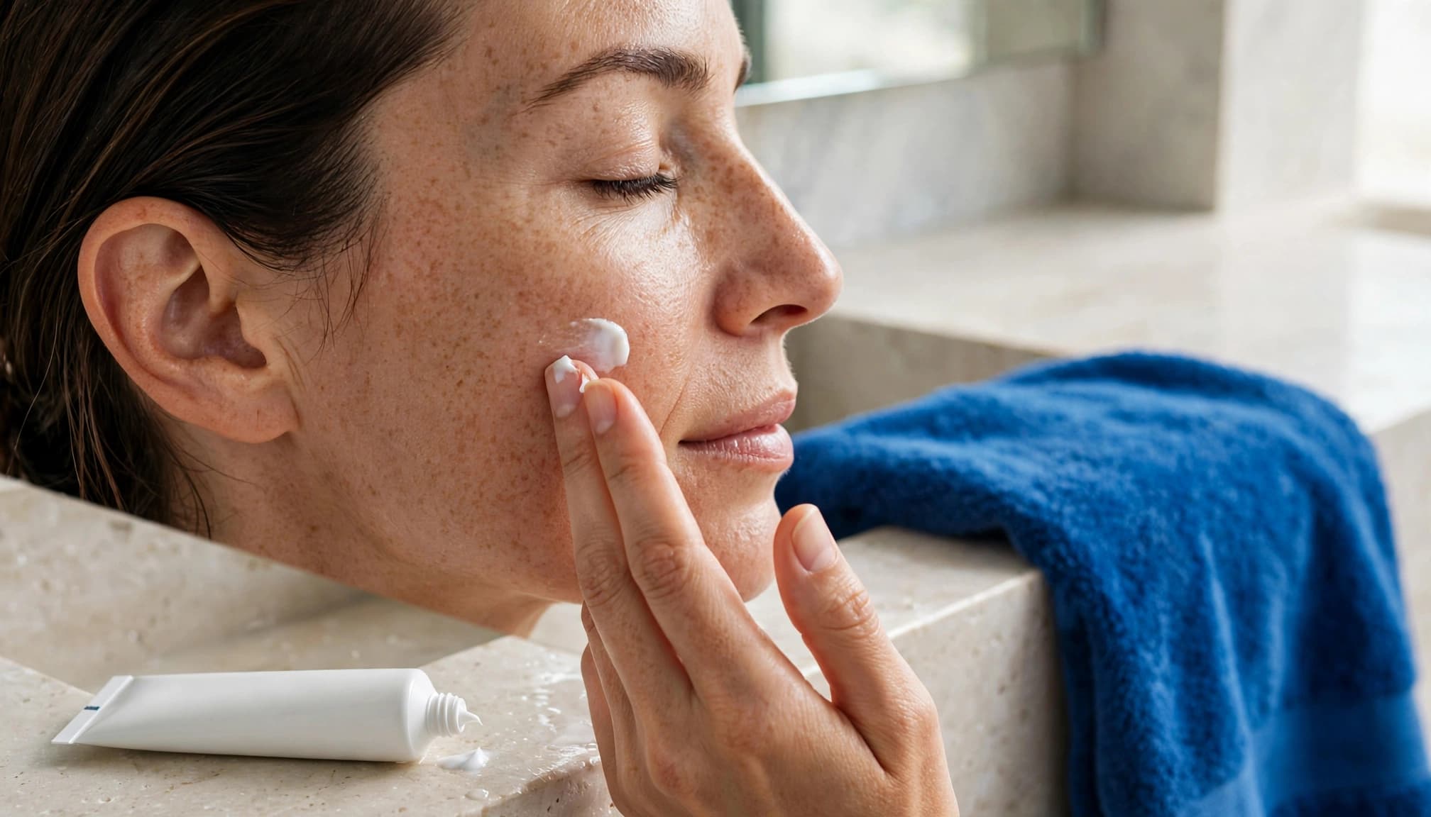 Person gently applying moisturiser to one cheek beside a bathroom basin.