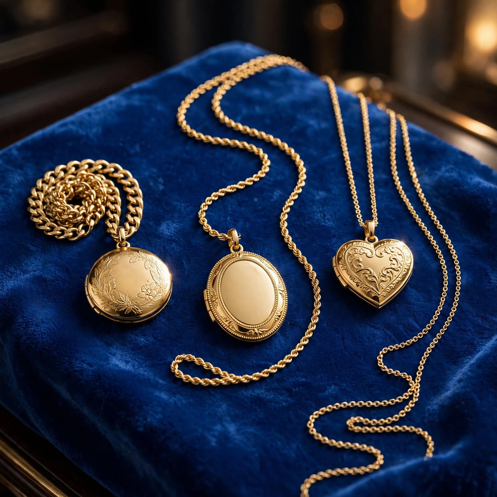 Three gold lockets in round, oval, and heart shapes on blue velvet.