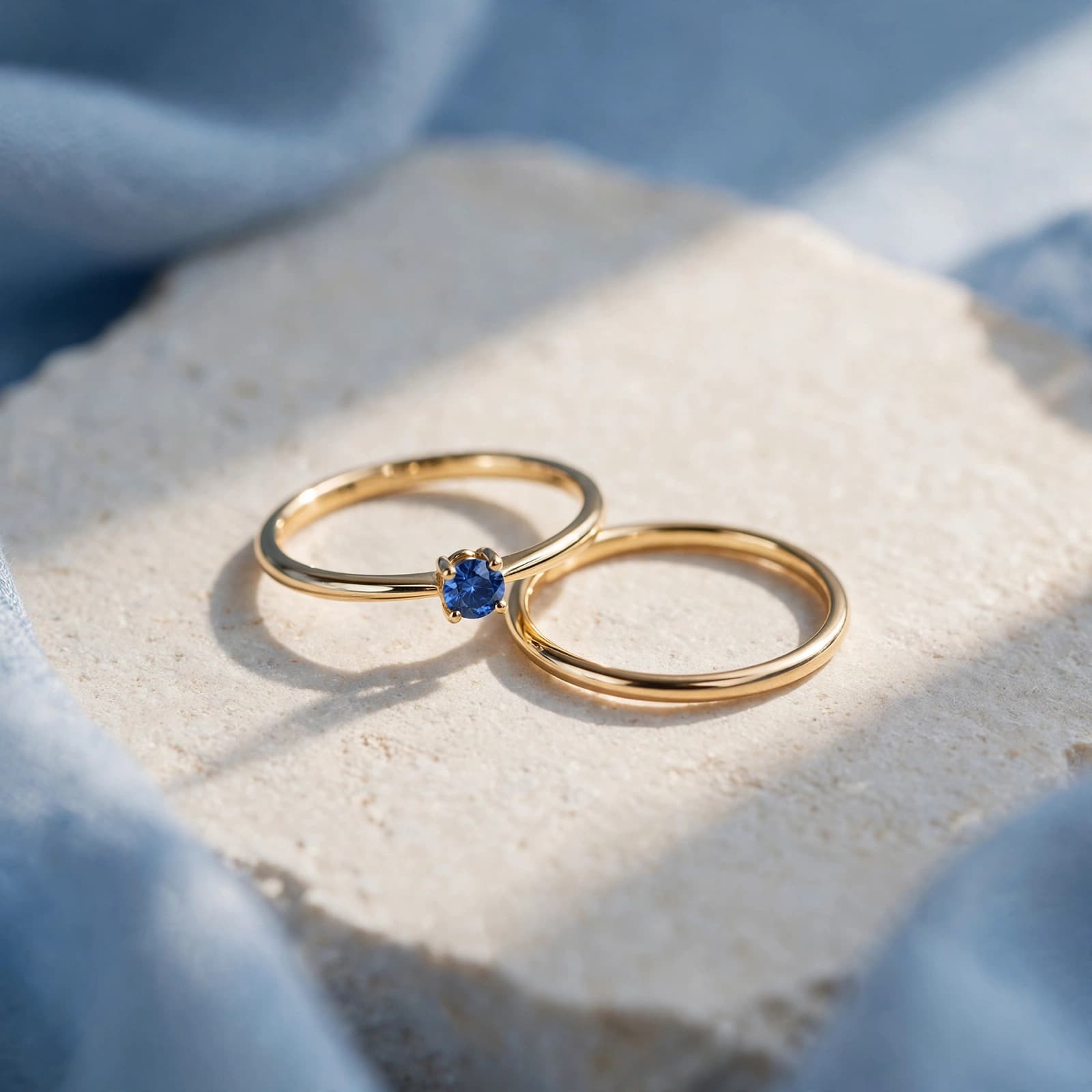 Promise Ring Buying Guide: Meaning, Fit and Value 1 A gold ring with a blue sapphire beside a plain gold band on pale stone.