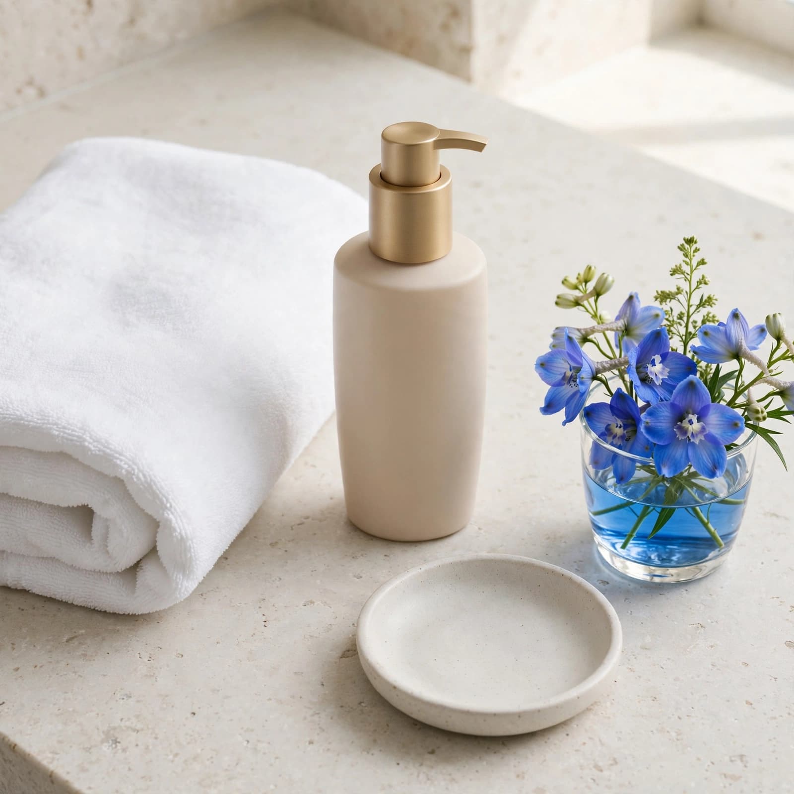 A tanning moisturiser bottle, folded towel, dish, and blue glass vessel on a bright bathroom vanity.