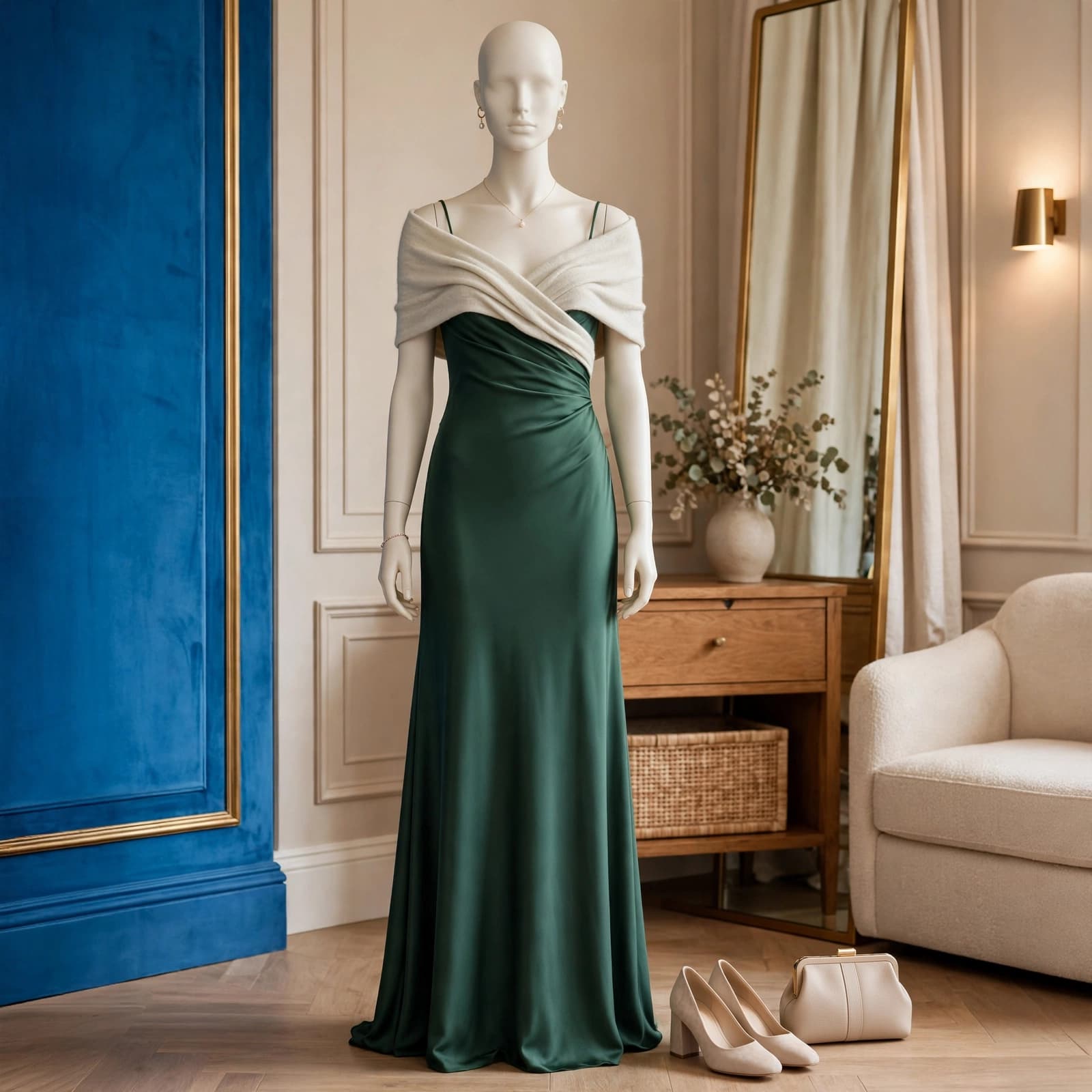 A mannequin in a green prom gown stands beside heels, a clutch, and a light wrap.