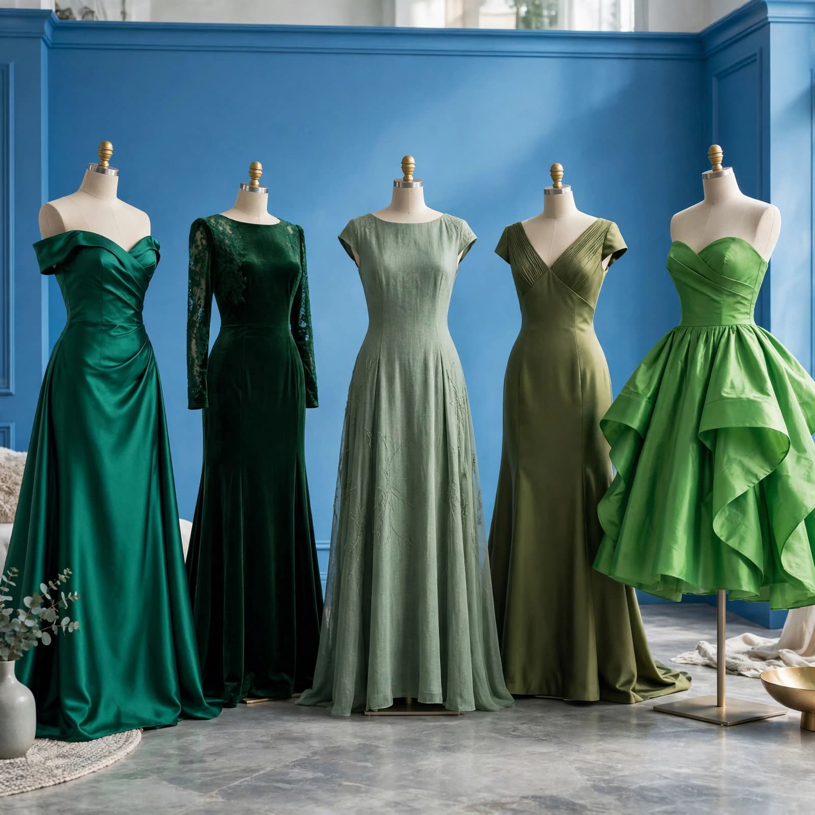 Five green prom gowns in different shades displayed on dress forms in a boutique.