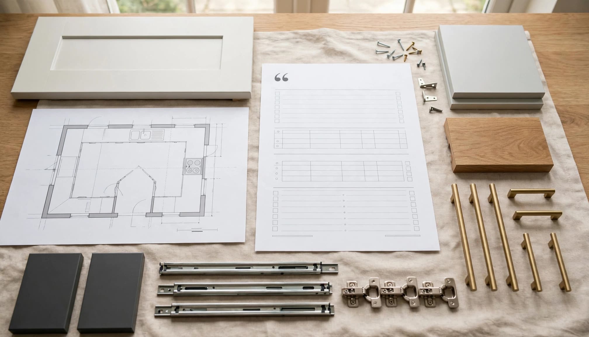 Kitchen quote and plan surrounded by cabinet parts and a worktop sample.
