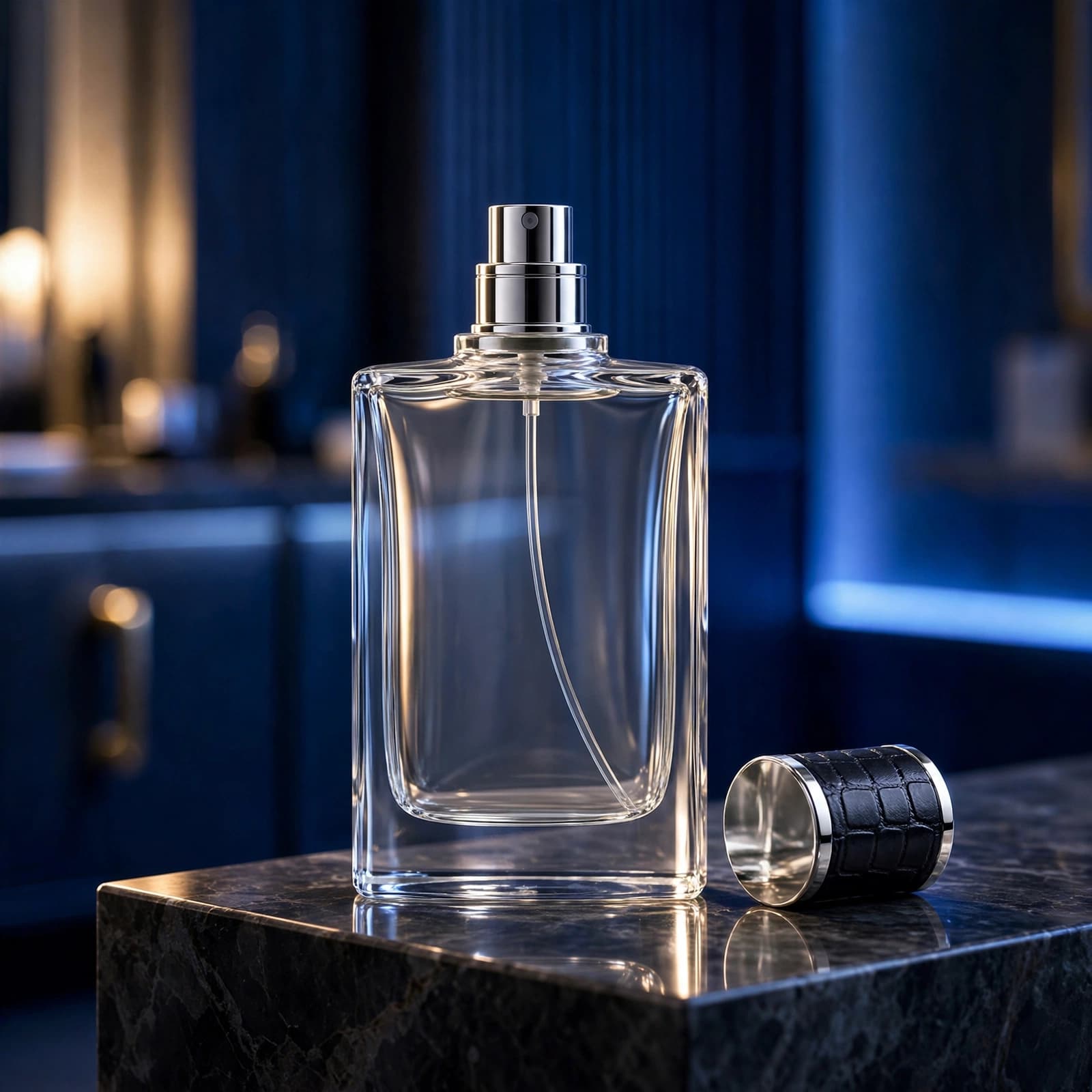 Jimmy Choo fragrance bottle and faceted cap on a dark stone pedestal.