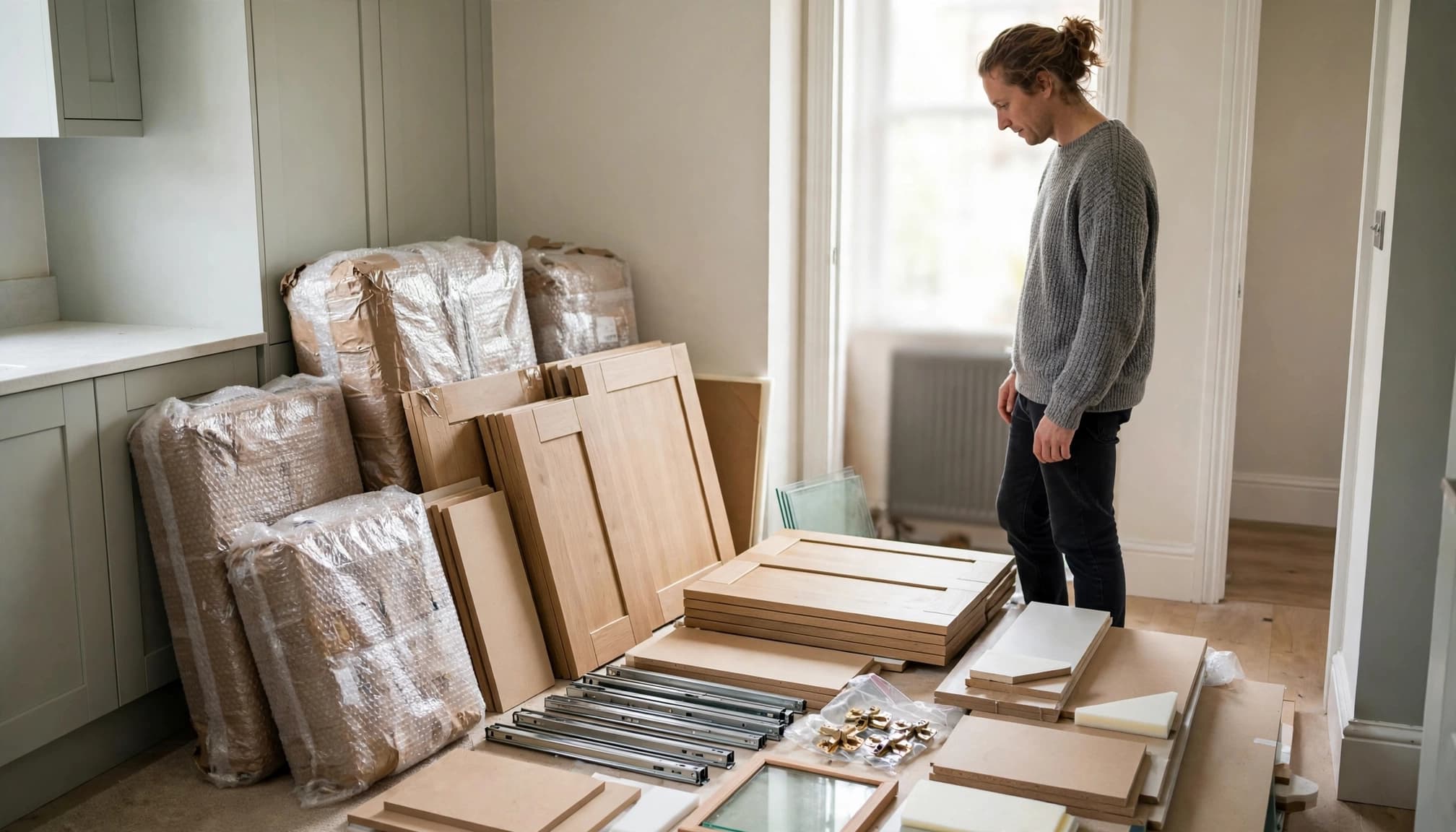 A person inspects cabinet parts and sealed packaging in a bright home kitchen.