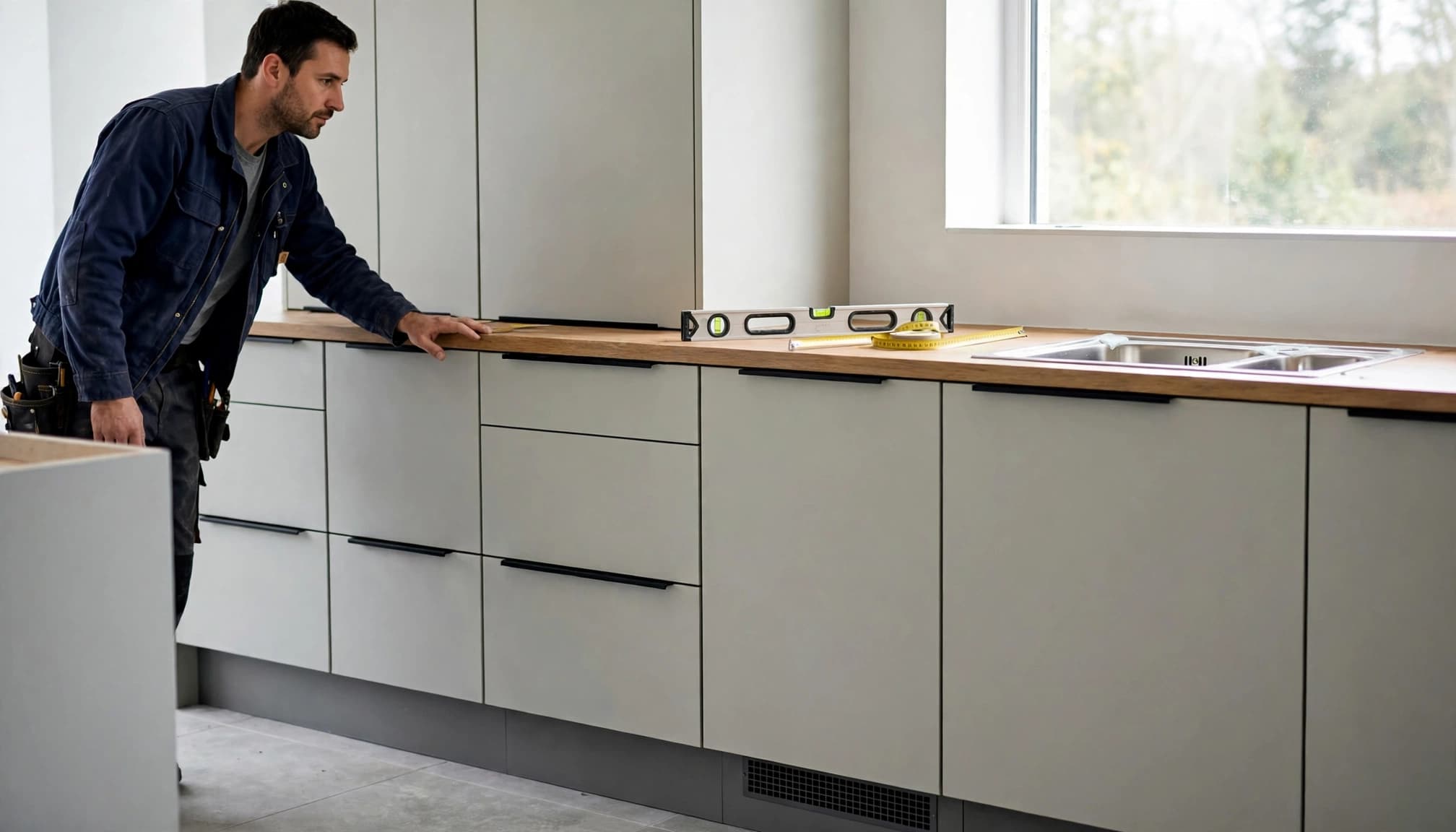A kitchen fitter checks newly installed cabinets beside a spirit level and measuring tape.