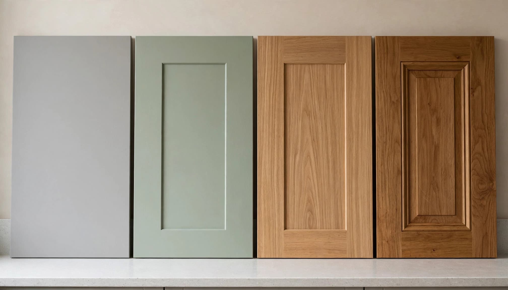 Four kitchen cabinet doors display different colours, grains, and surface textures.