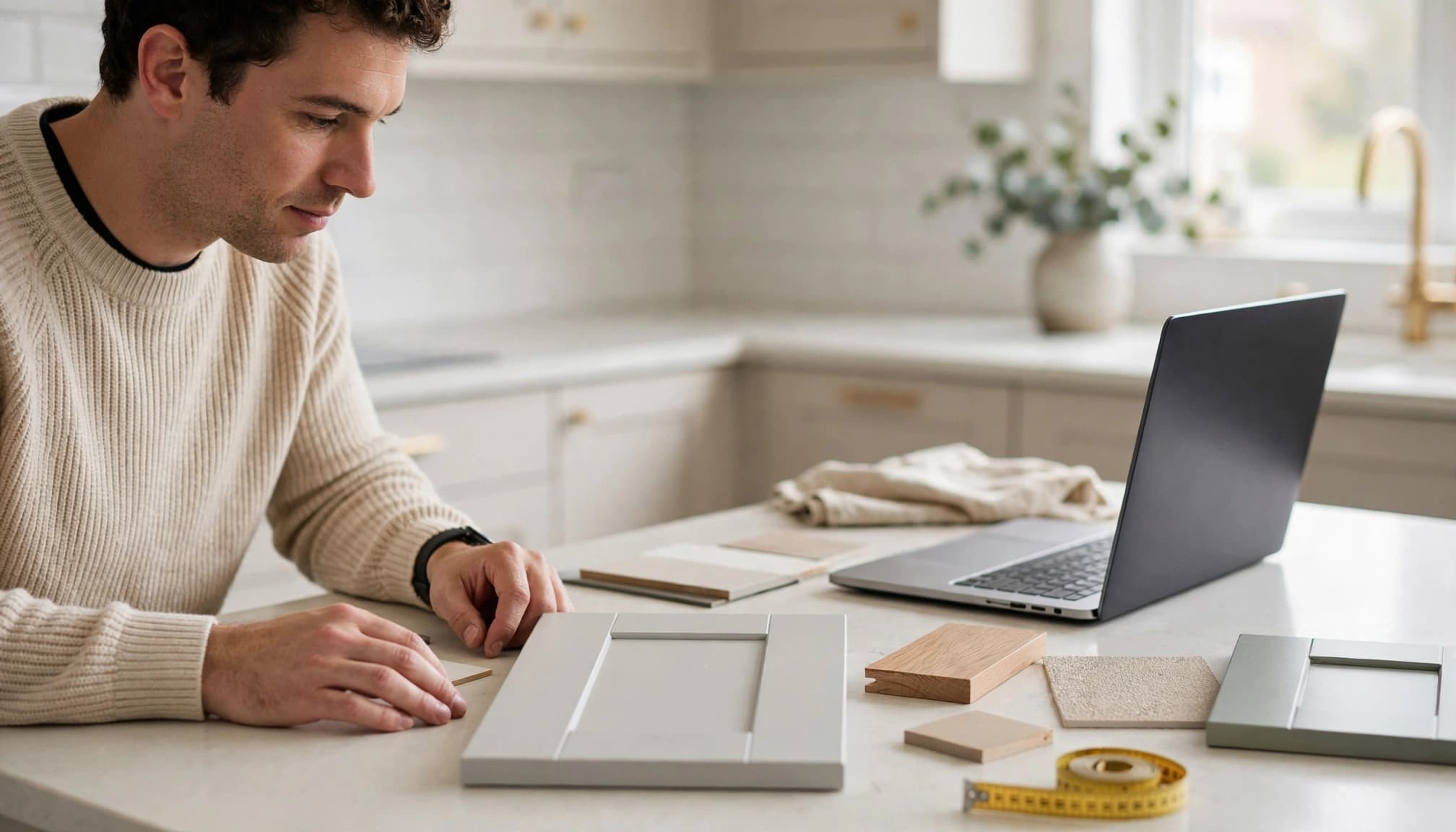 A person compares a cabinet door sample beside a laptop and measuring tape.
