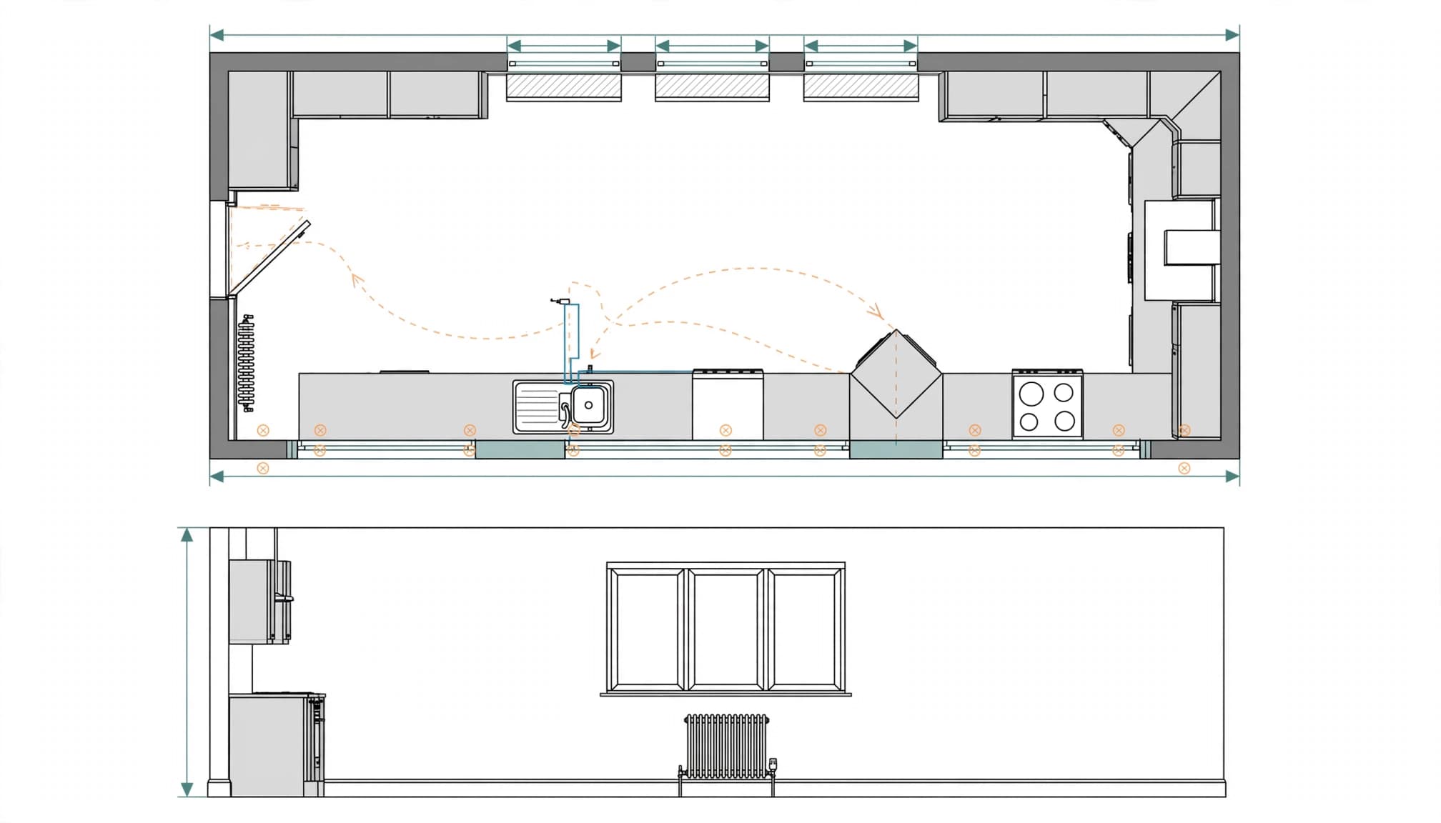 Overhead kitchen plan with cabinets, appliances, windows, doors, and measurement lines.