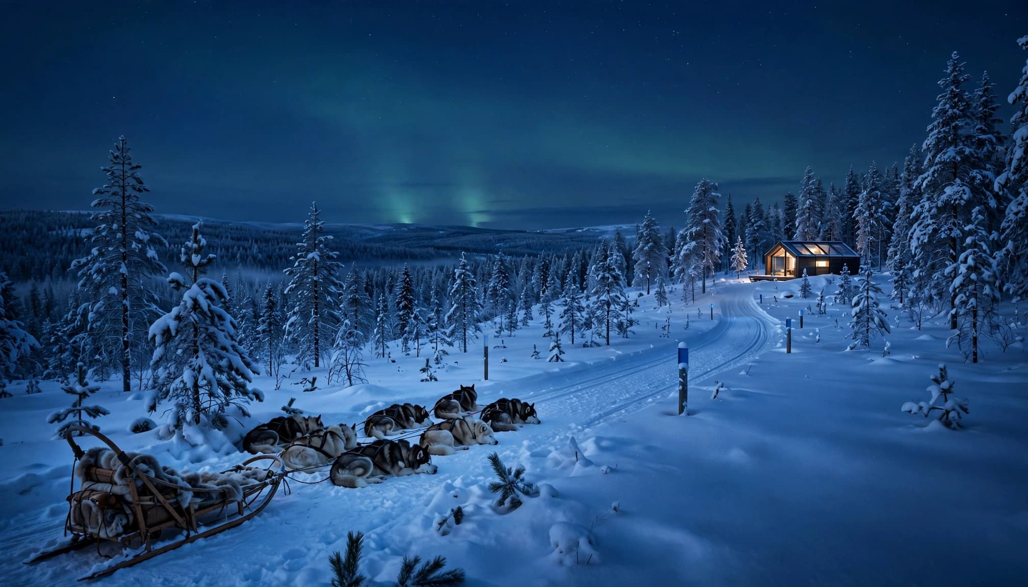 Huskies rest beside a snowy trail with a glass-roof cabin under the aurora.