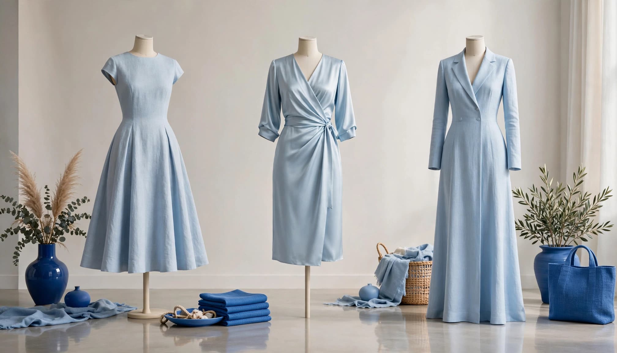Three dress forms display light blue A-line, wrap, and tailored maxi dresses in a bright studio.