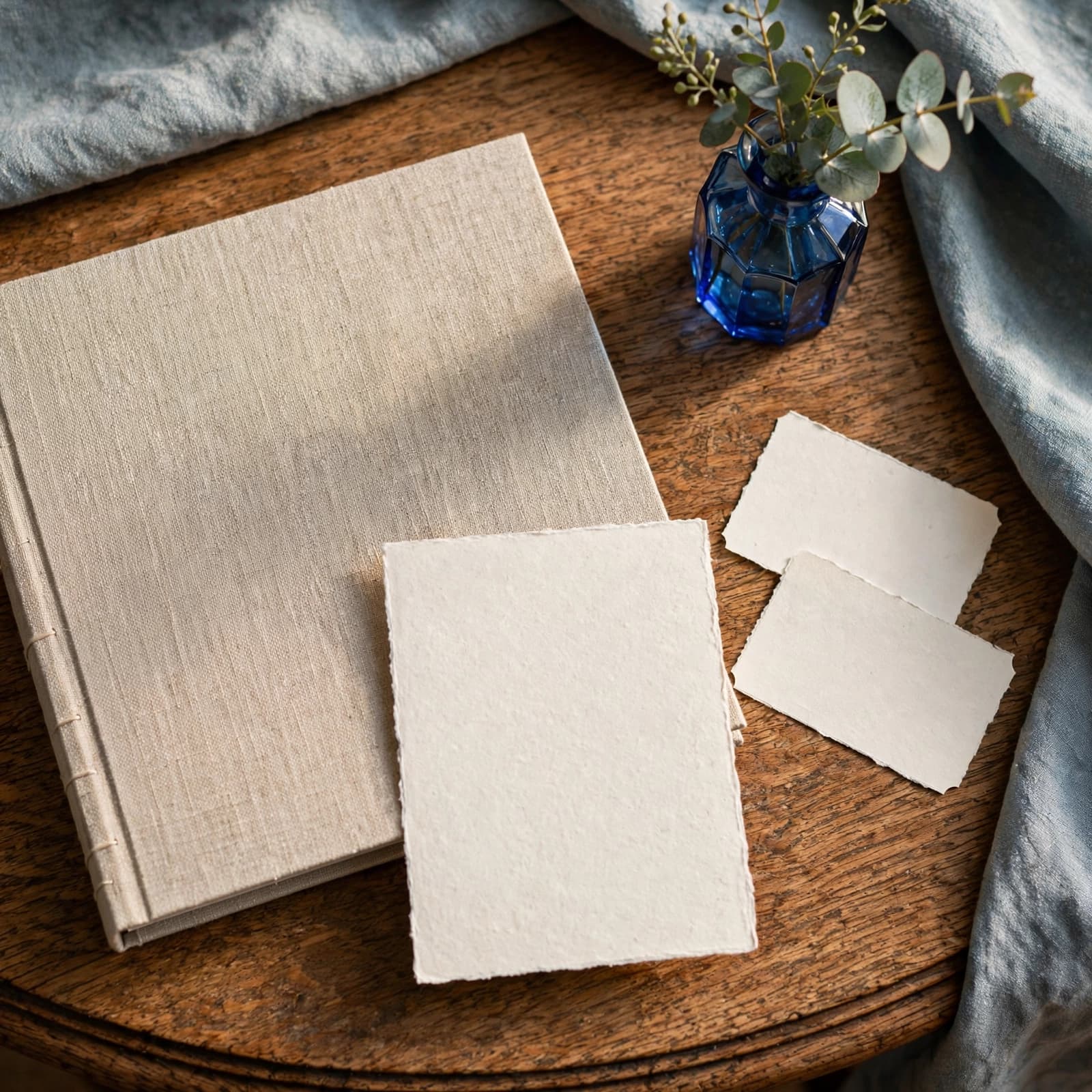 A linen photo album, blank card, and two paper tickets sit beside a vase and blue glass.