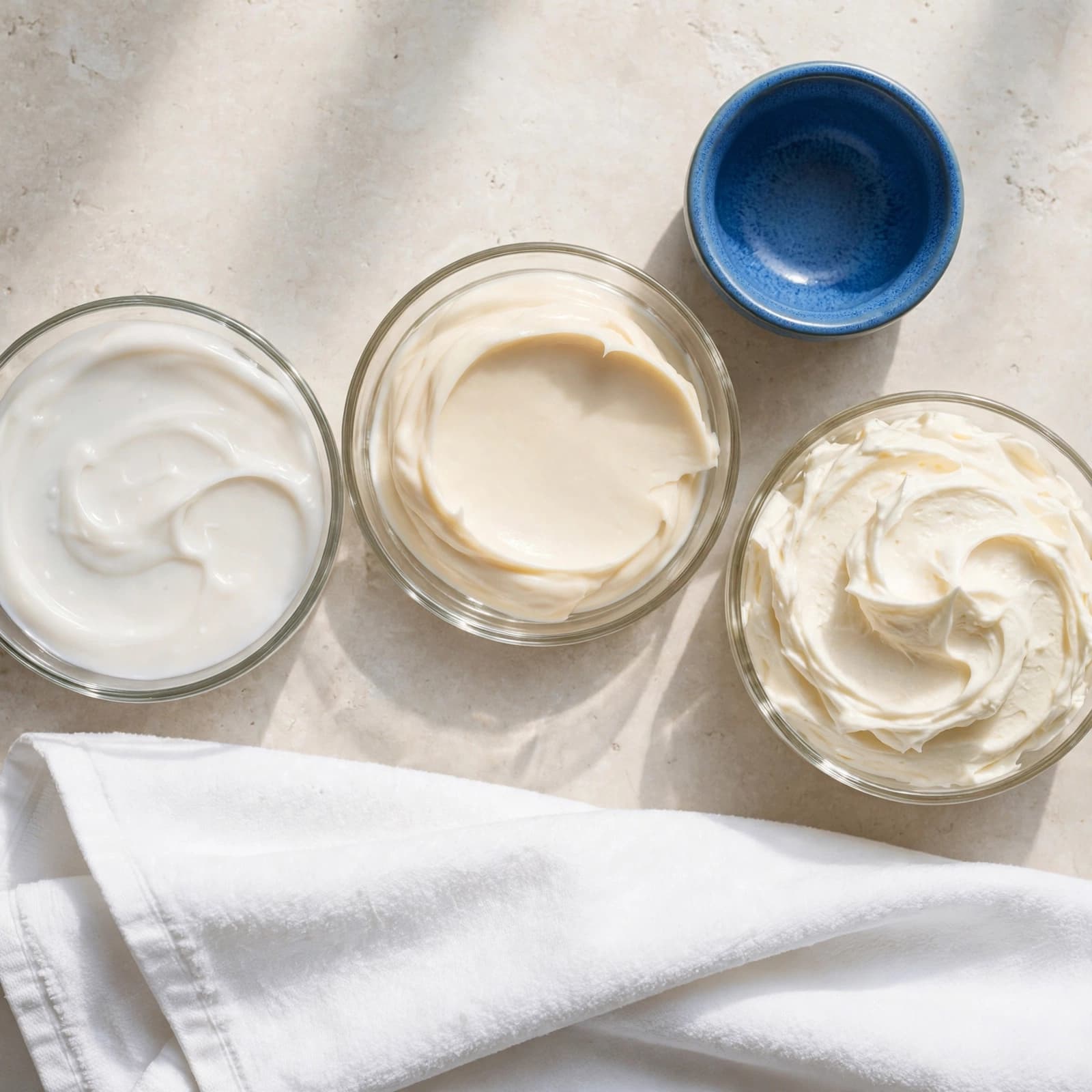 Three moisturizer textures sit in glass dishes beside a white towel and blue vessel.