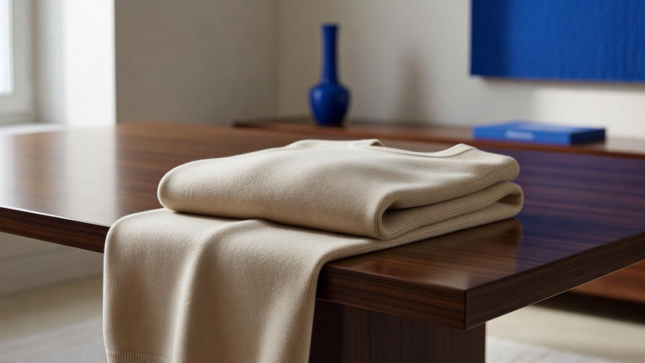 A soft beige cashmere sweater lies folded on a polished dark wood table. In the background, a minimalist room features subtle blue decor accents bathed in warm, soft natural sunlight.