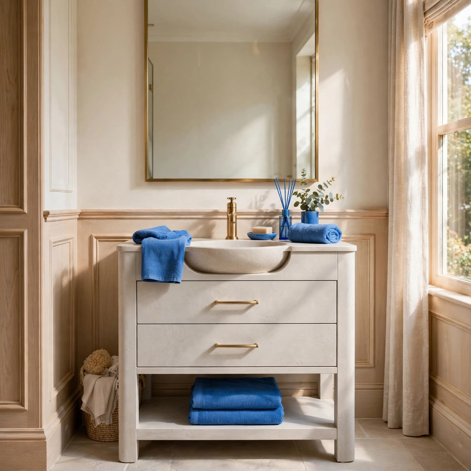 Pale stone bathroom vanity with a brass tap, blue towels, and warm natural light.
