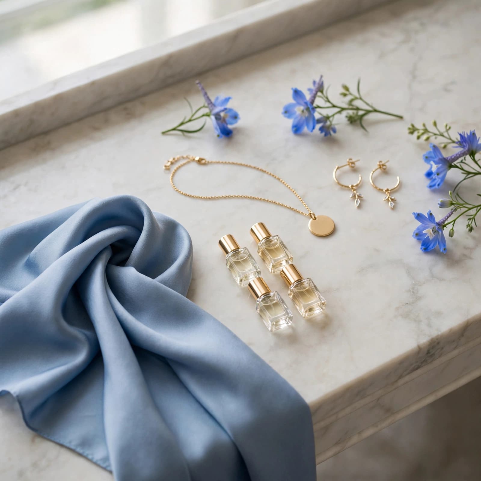 Earrings, a pendant, perfume, and a blue silk scarf arranged on a dressing table.