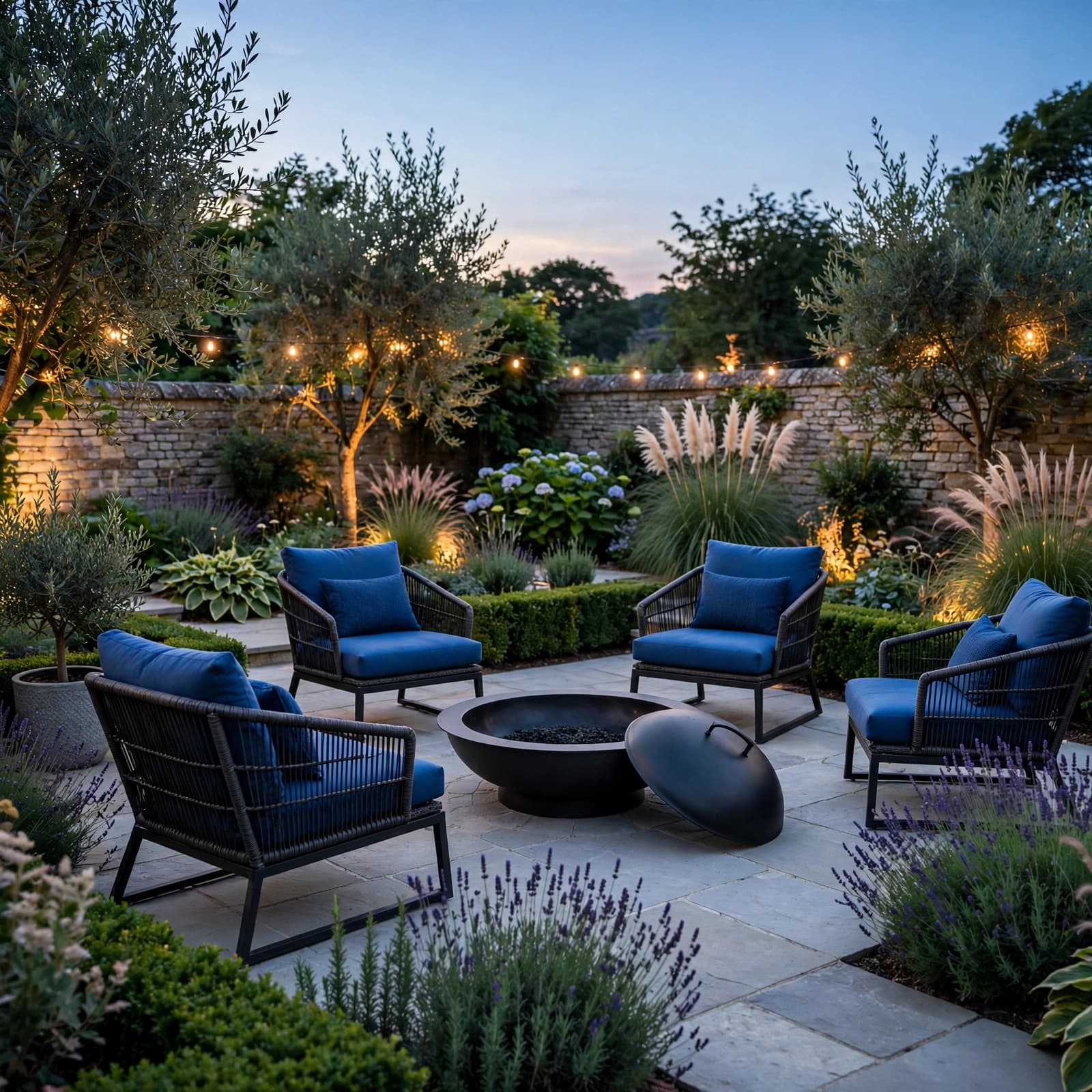 Covered Fire Pit: A UK Buyer's Guide 4 A covered fire pit surrounded by spaced chairs in a blue-cushioned garden.