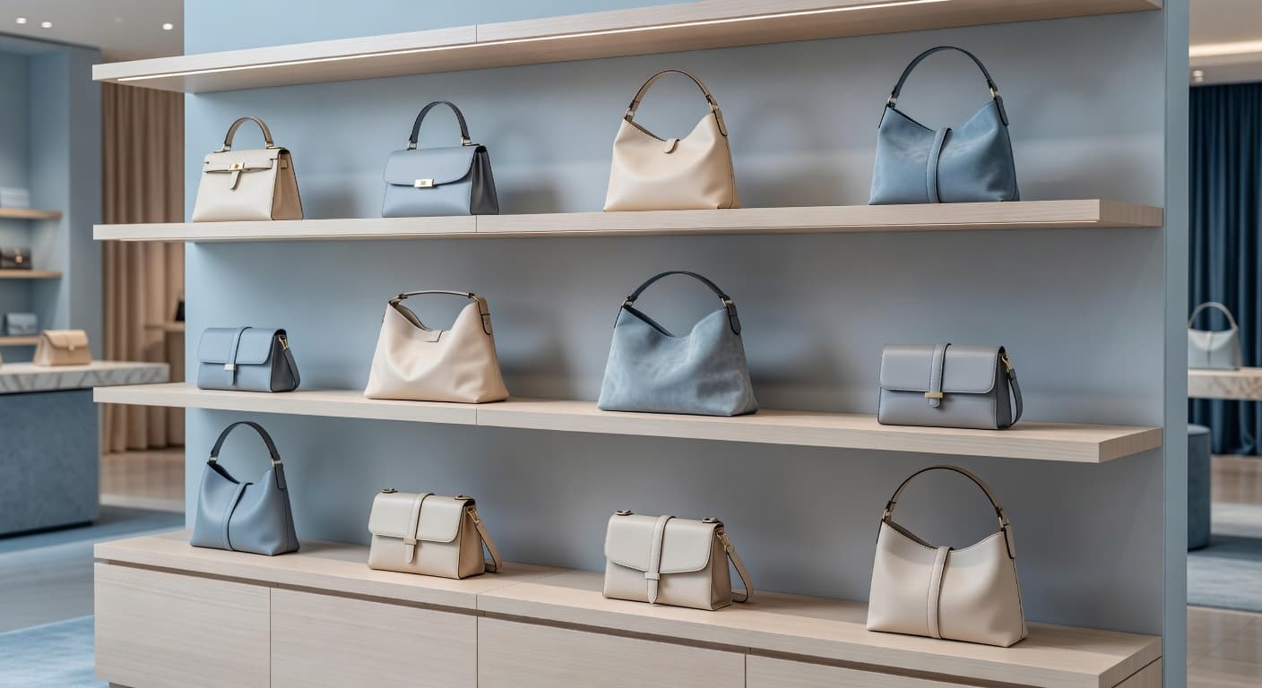 Multiple high-end leather handbags rest on sleek shelves within a softly lit boutique. The collection features various silhouettes in muted blue and neutral tones, creating an elegant and sophisticated atmosphere.