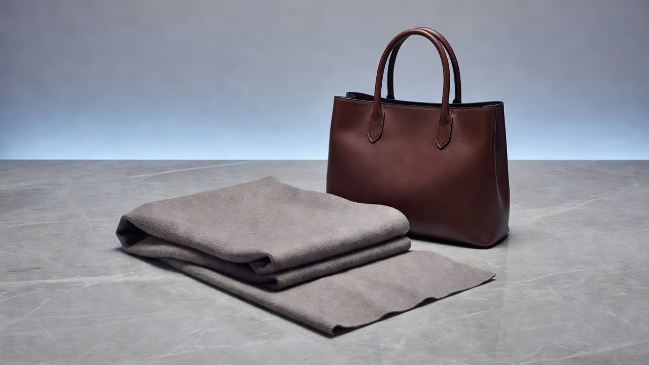 A plush folded cashmere scarf rests next to a handcrafted premium leather bag on a clean, neutral surface. Soft blue accent lighting casts elegant shadows across the refined product arrangement.