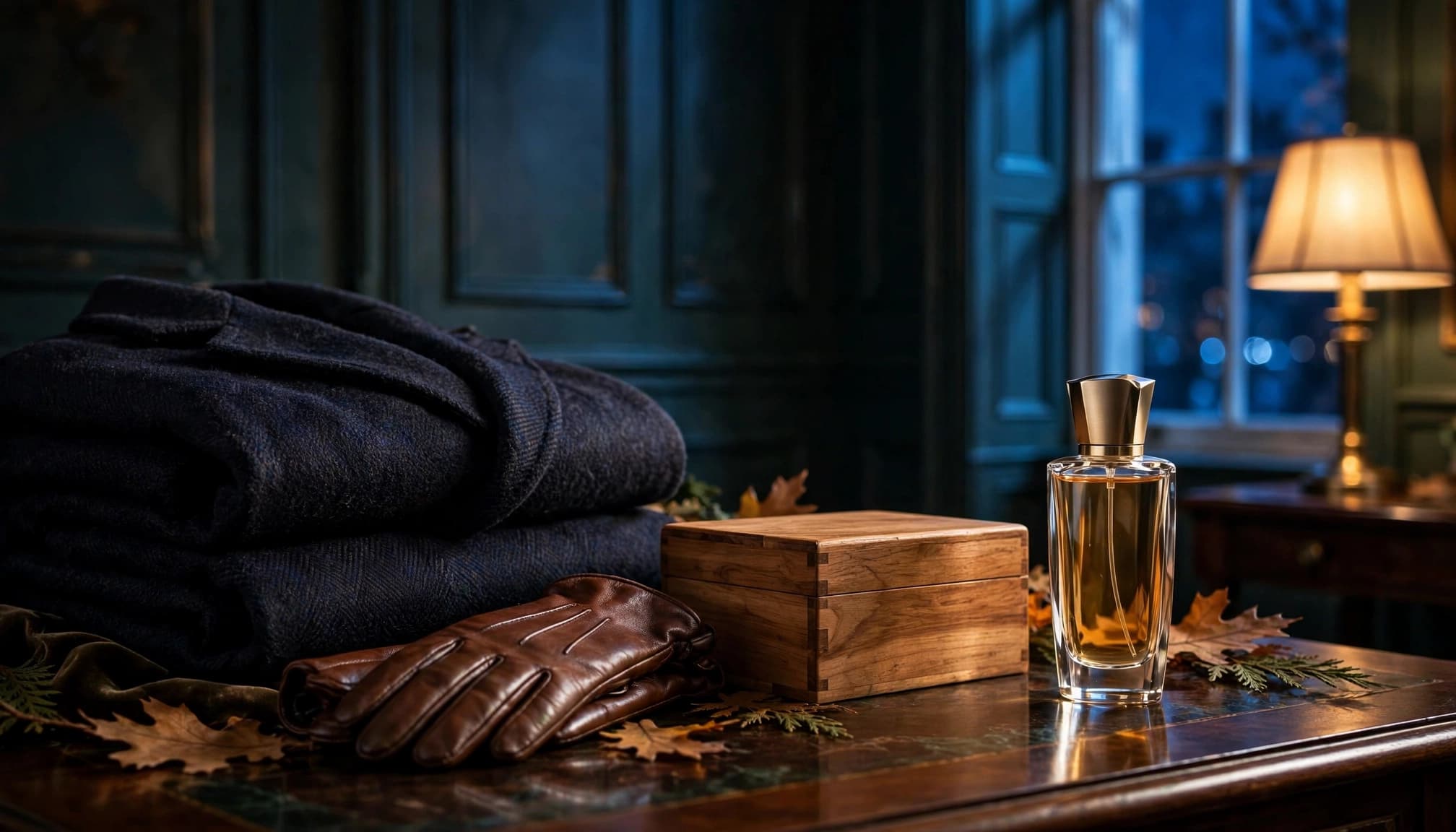 A fragrance bottle beside a wool coat, leather gloves, and cedarwood box.