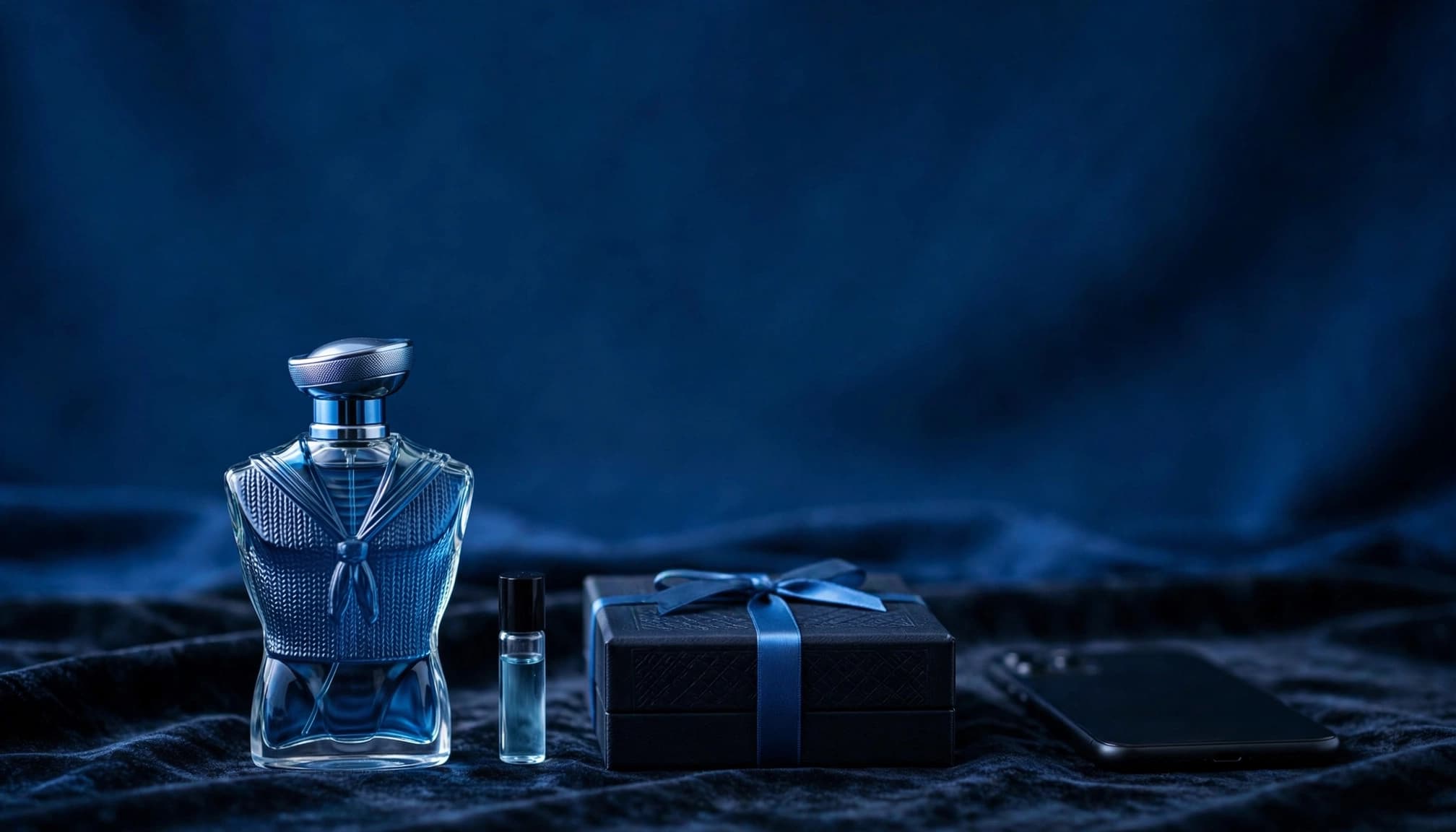 Sculpted fragrance bottle beside a sample vial, presentation box, and smartphone on a dark blue dressing table.
