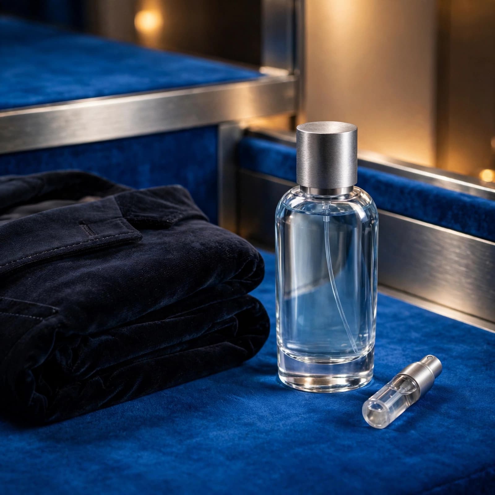 Jean Paul Gaultier Ultra Male Review: Bold, Sweet and Built for Evenings 3 A fragrance bottle beside a folded dark jacket and travel atomiser on blue velvet.