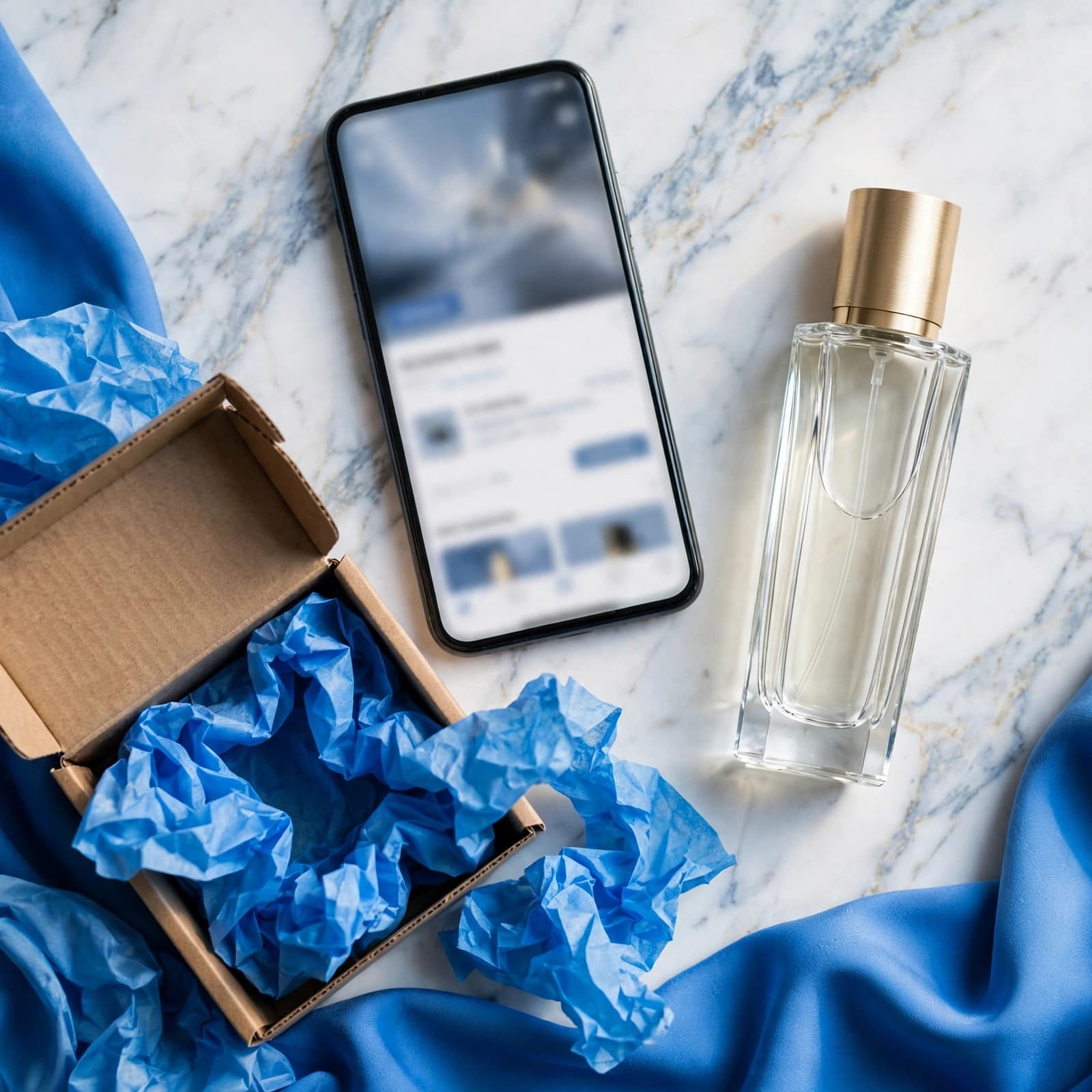 Perfume bottle, smartphone, parcel box, and tissue paper on a blue-accented surface.