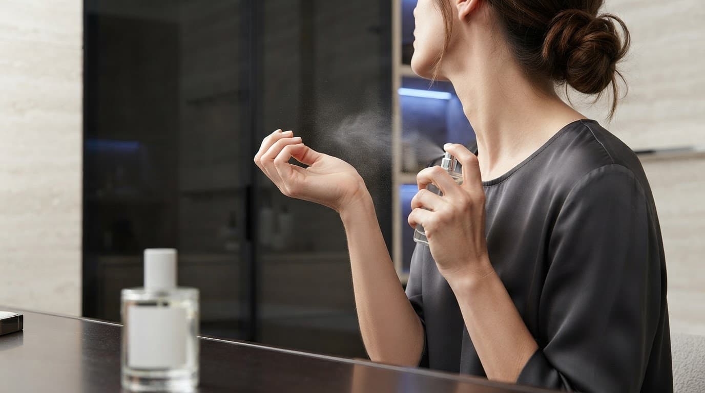 A fragrance mist is applied near a person's neck and wrist beside a bottle.