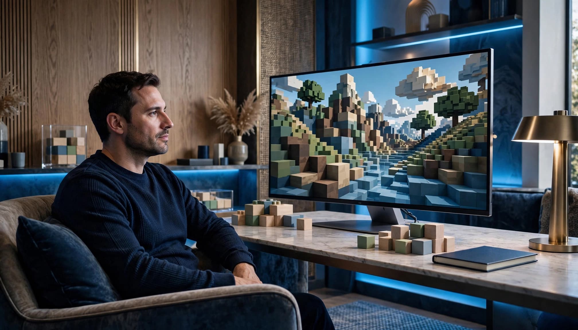 One gamer beside a monitor showing an abstract block world.