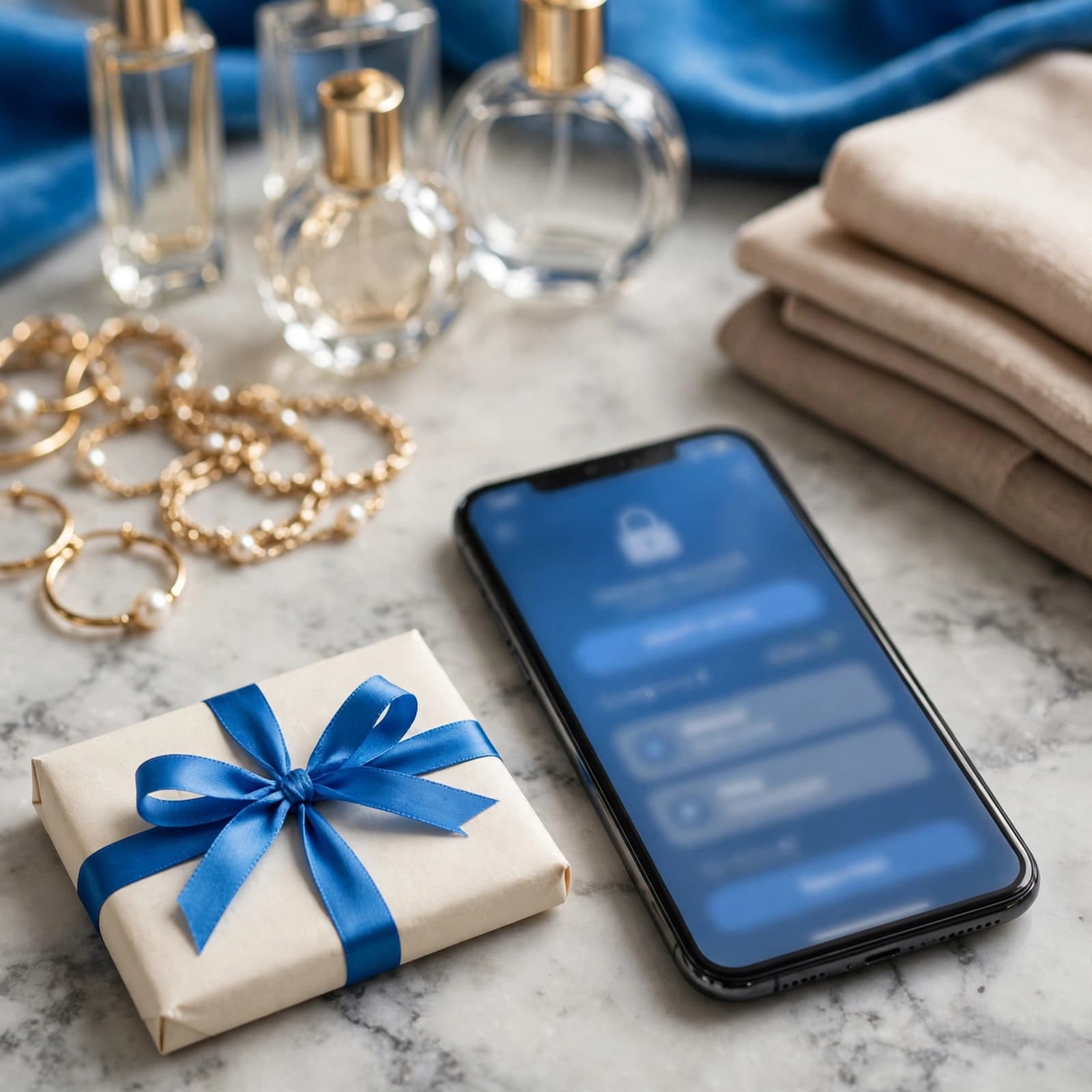 A blue gift card beside one smartphone on a luxurious dressing table.