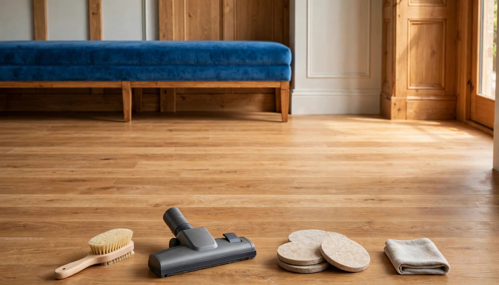 Clean wood flooring with care tools beside a blue hallway bench.