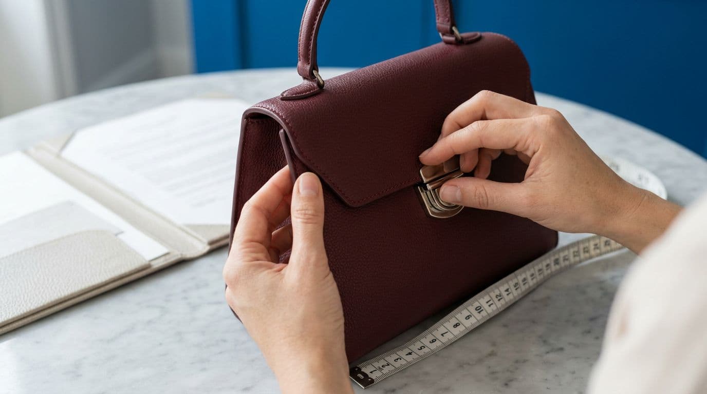 Two hands inspect a handbag with a measuring tape on a marble surface.