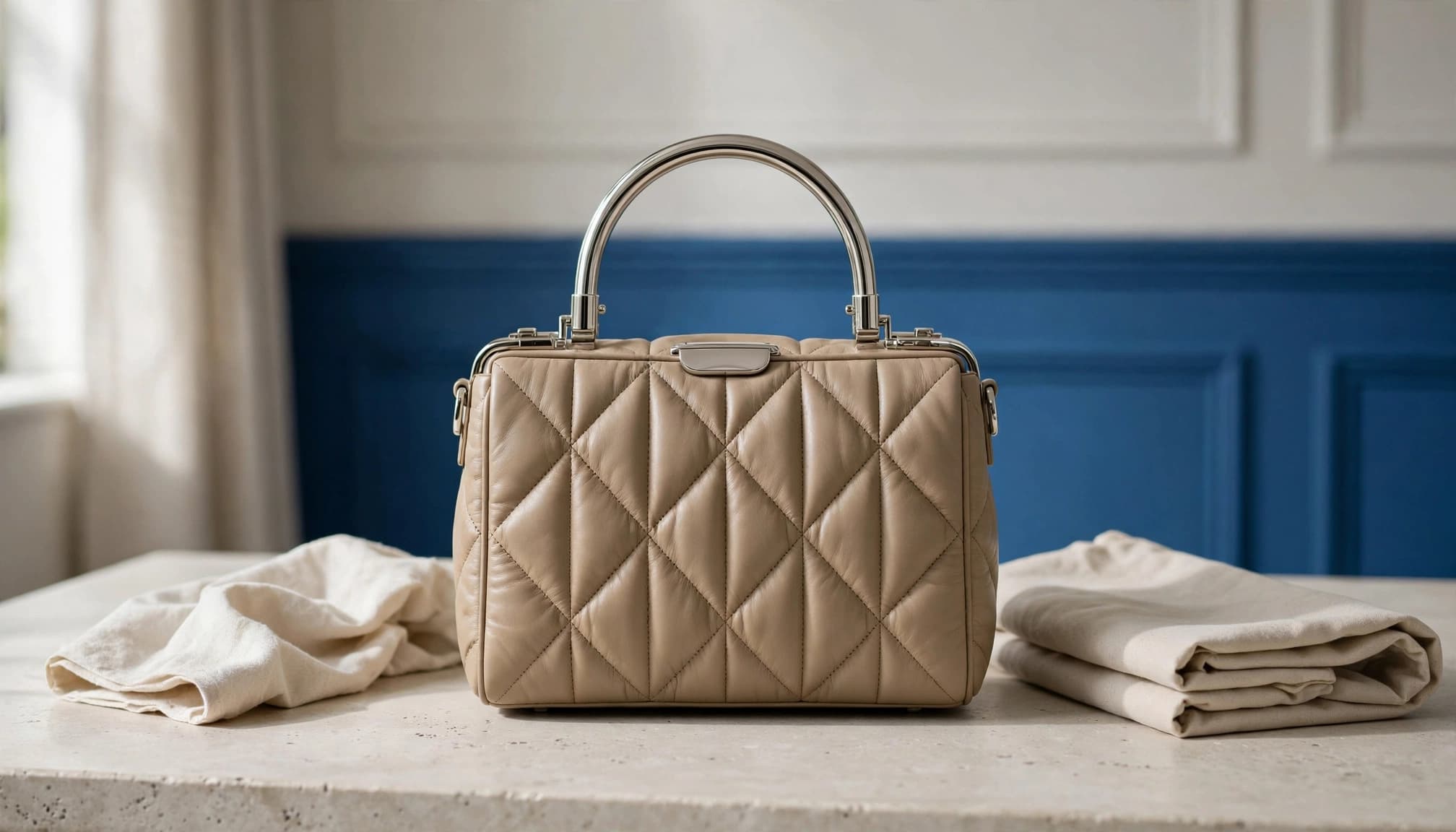A quilted leather handbag sits beside a folded dust bag and cotton cloth.