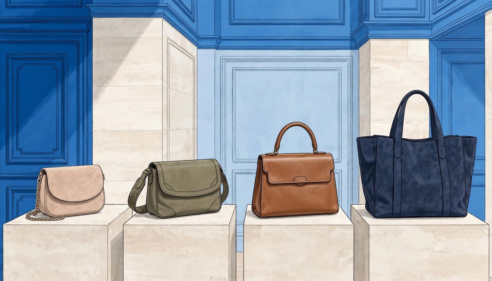 Four distinct handbags displayed on separate plinths in a bright luxury dressing room.