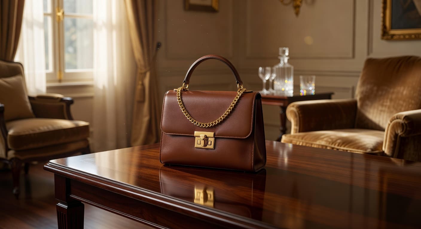 A refined leather handbag featuring polished gold hardware rests elegantly on a dark wood surface. Sunbeams filter into the sophisticated room, highlighting the smooth texture and rich craftsmanship of the item.