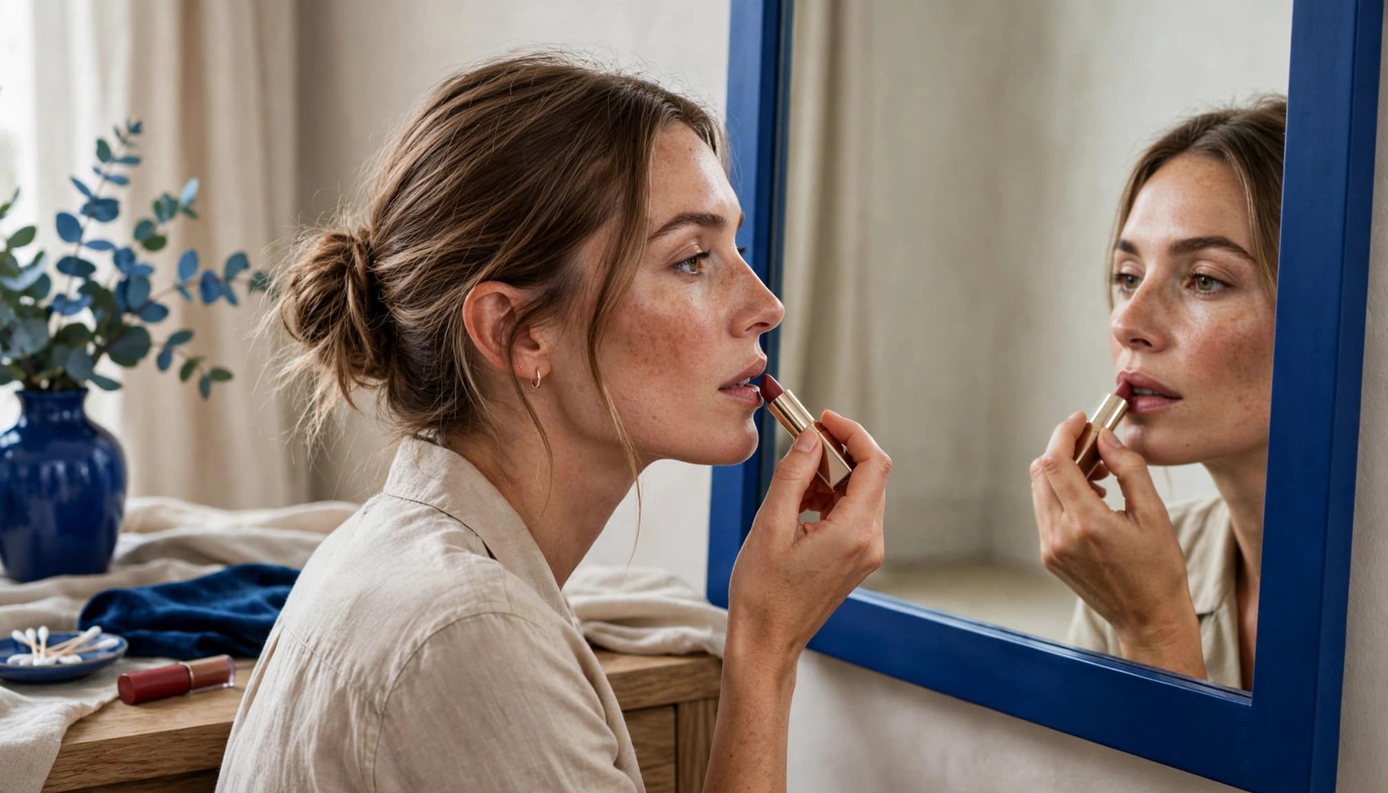 Woman applying lipstick at a vanity with a lipstick tube on the table.
