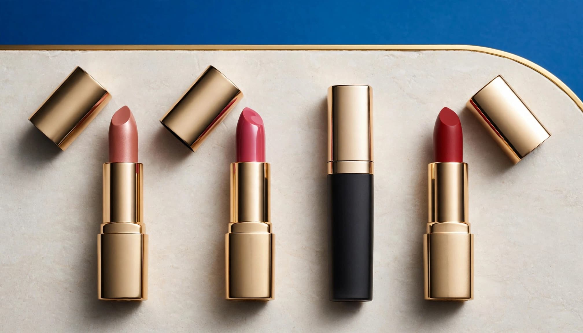 Four lipstick formats arranged on a pale stone counter against a blue backdrop.