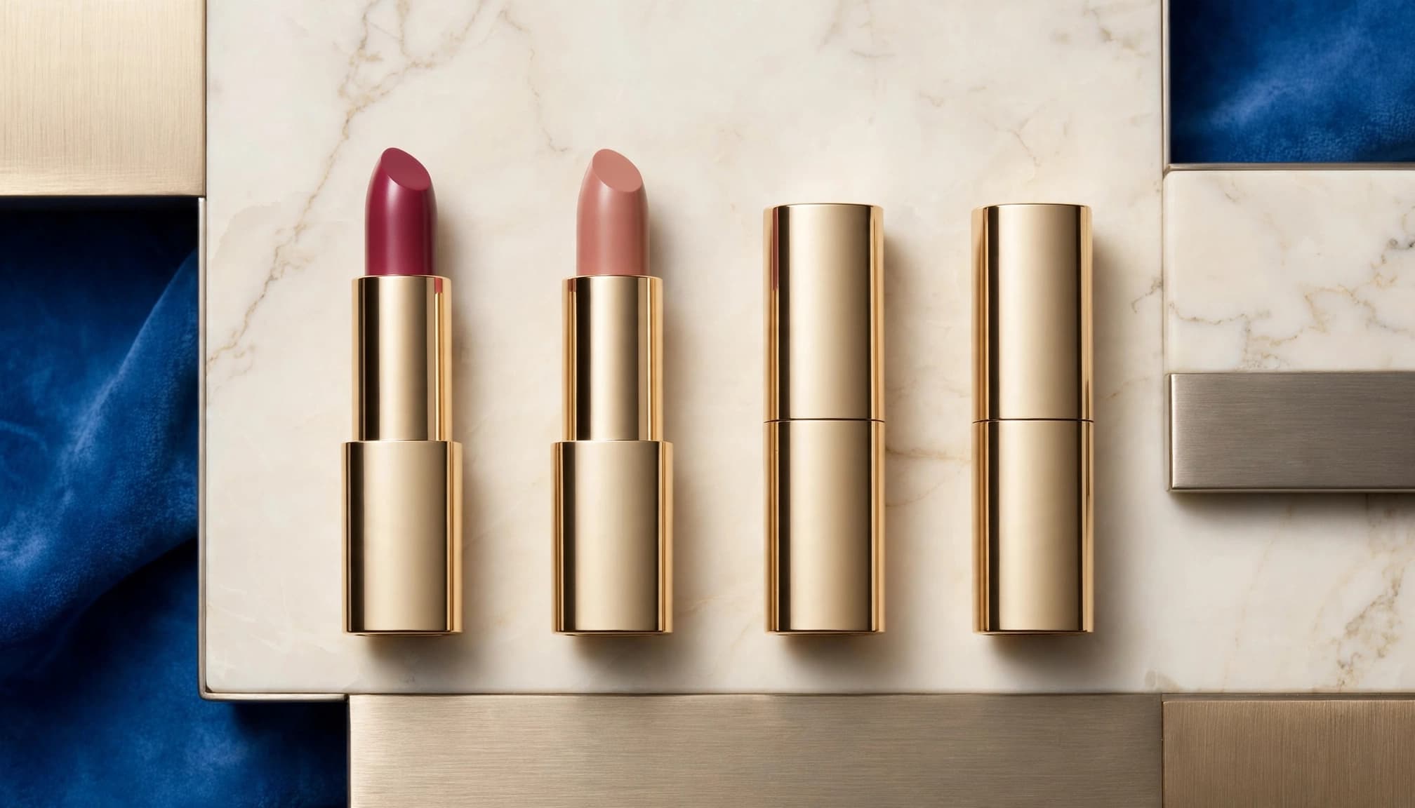 Four luxury lipstick tubes on a marble table with berry and nude shades.
