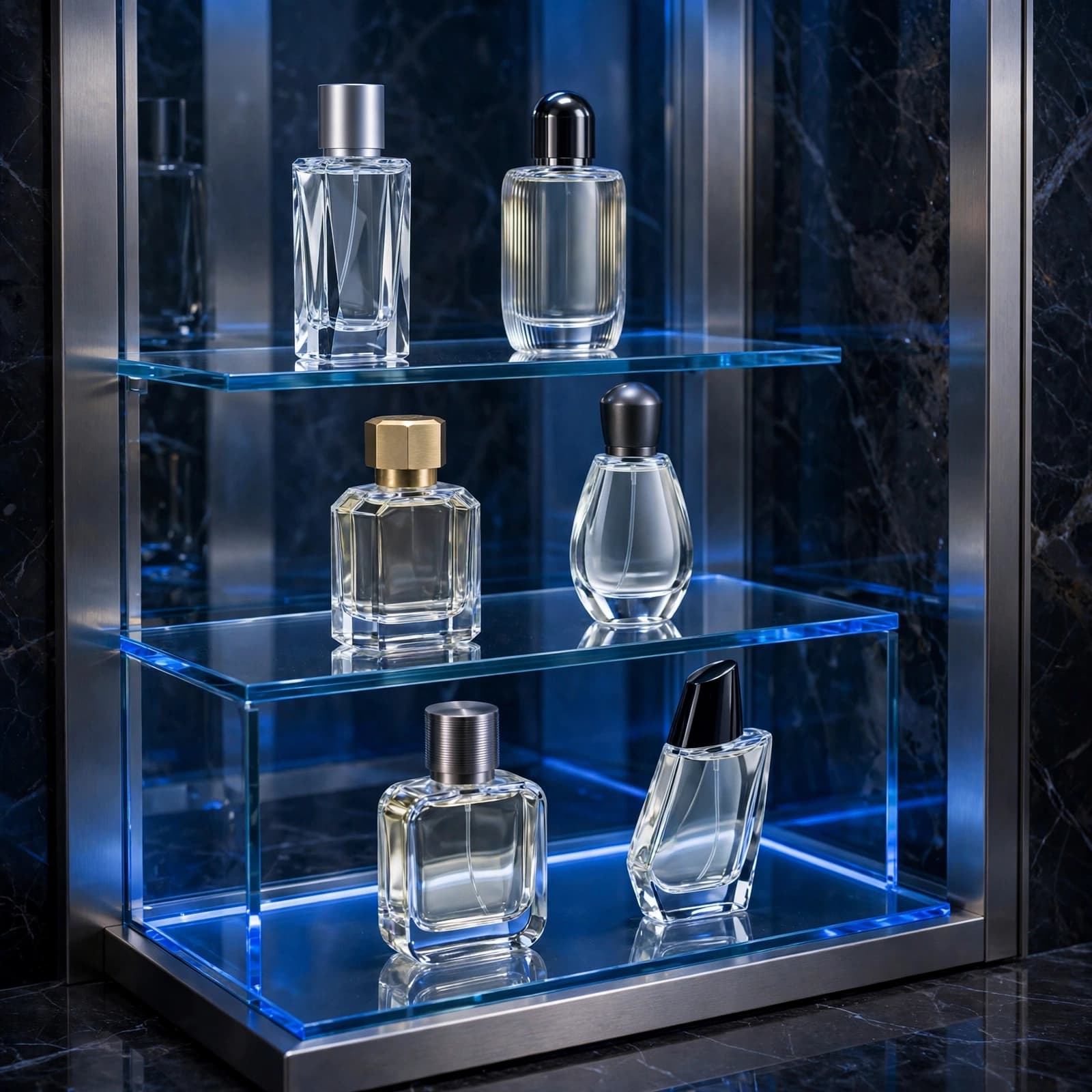 Six men's fragrance bottles arranged on a tiered blue glass display in a luxury room.